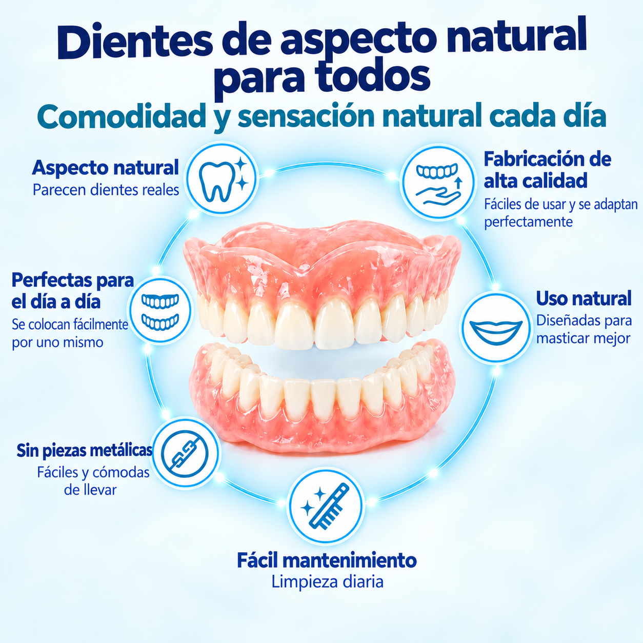 Prótesis dentales fabricadas con resina PMMA utilizada en odontología: tono natural, gran resistencia y adaptación cómoda a la cavidad bucal.