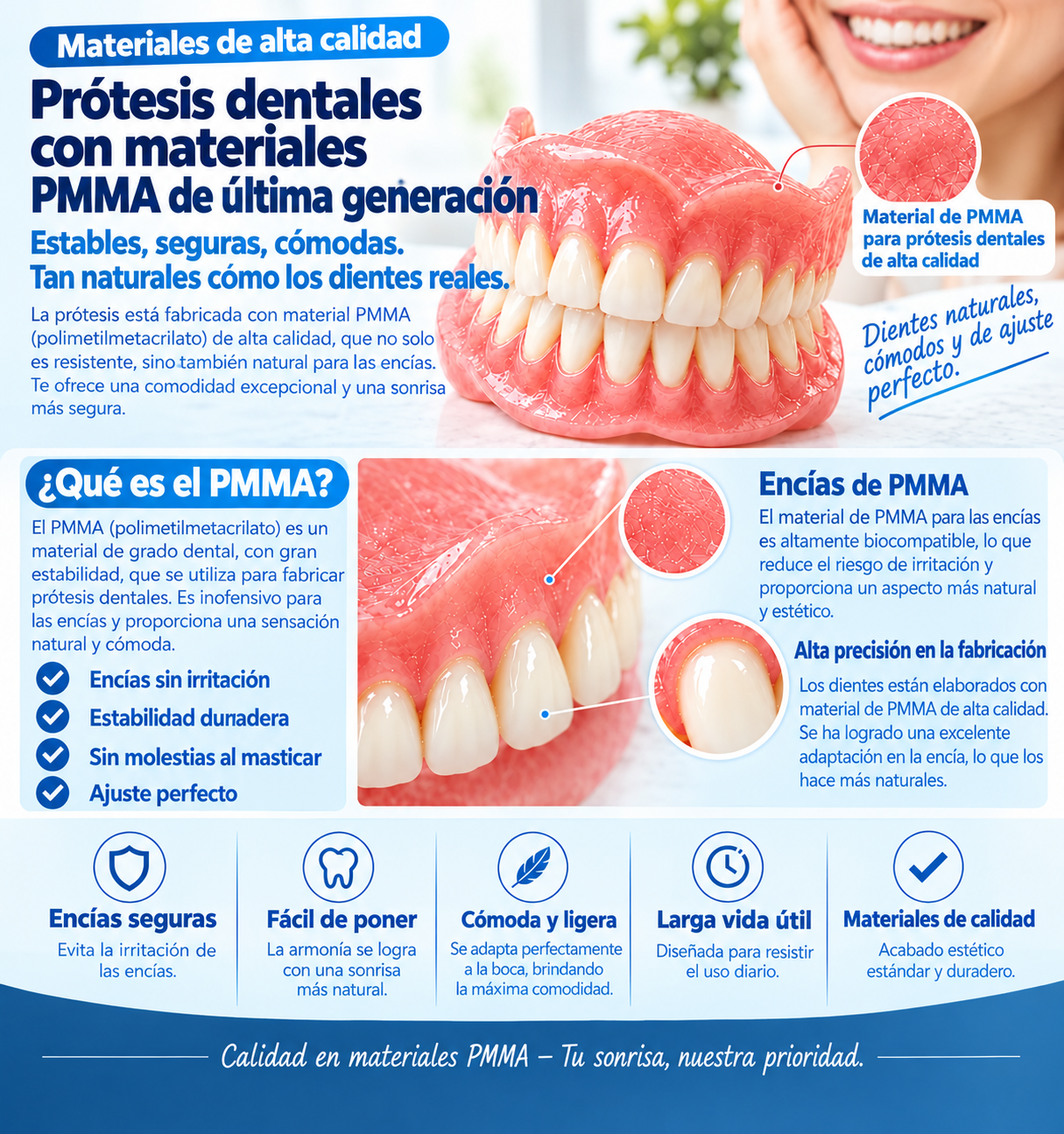 Prótesis dentales fabricadas con resina PMMA utilizada en odontología: tono natural, gran resistencia y adaptación cómoda a la cavidad bucal.