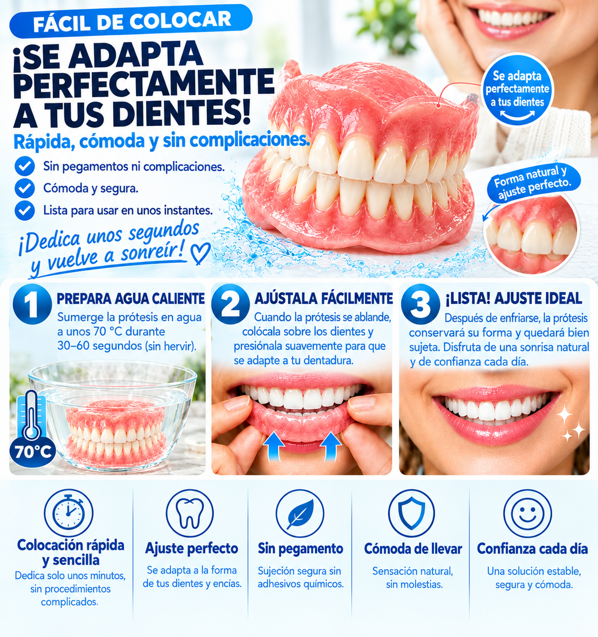 Prótesis dentales fabricadas con resina PMMA utilizada en odontología: tono natural, gran resistencia y adaptación cómoda a la cavidad bucal.