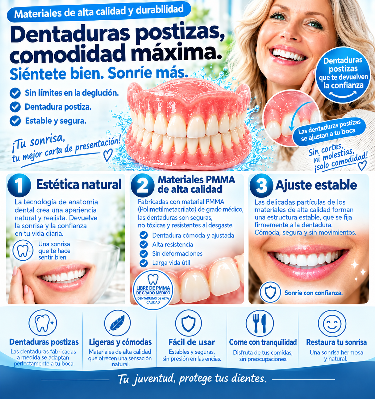 Prótesis dentales fabricadas con resina PMMA utilizada en odontología: tono natural, gran resistencia y adaptación cómoda a la cavidad bucal.