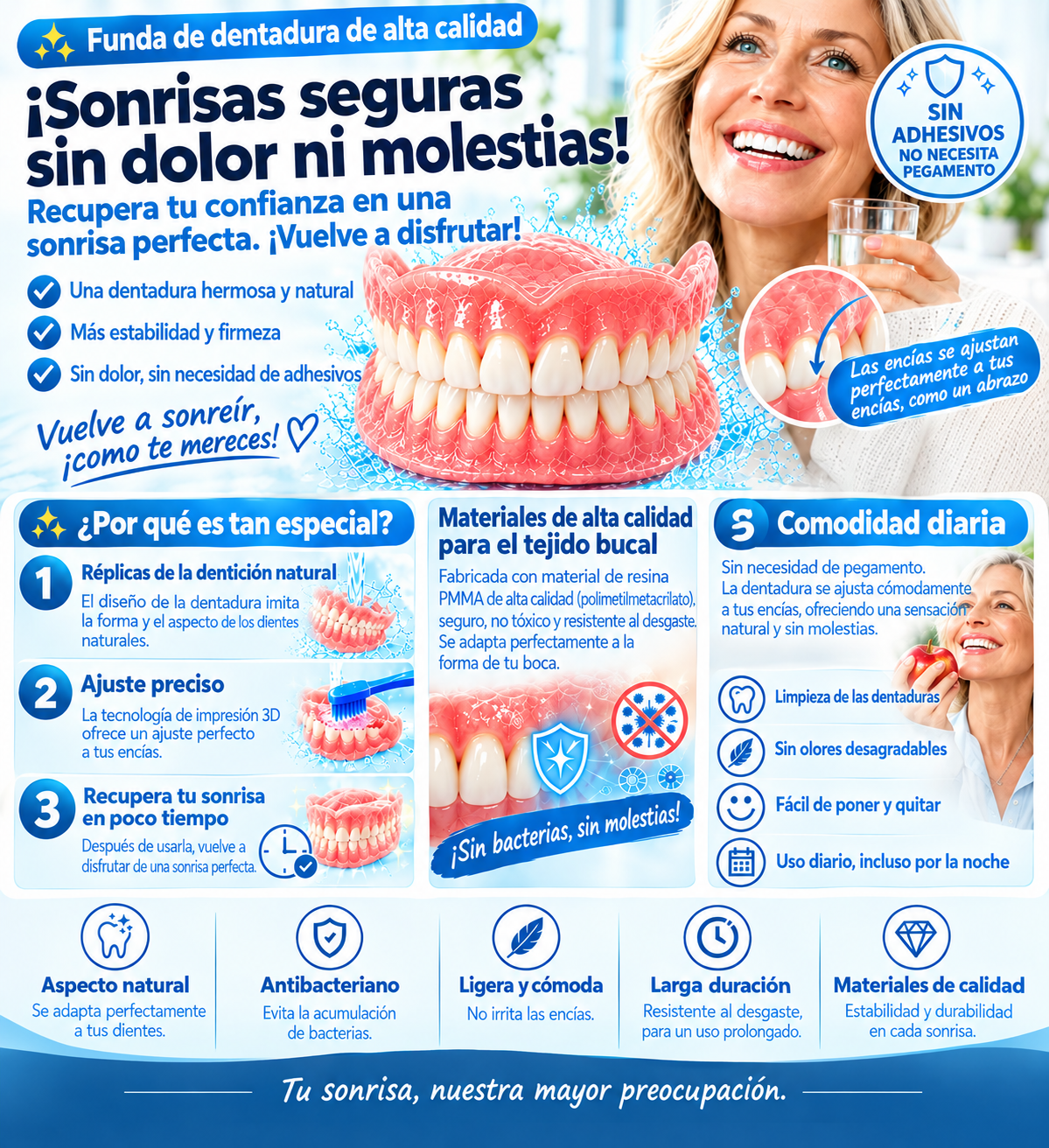 Prótesis dentales fabricadas con resina PMMA utilizada en odontología: tono natural, gran resistencia y adaptación cómoda a la cavidad bucal.