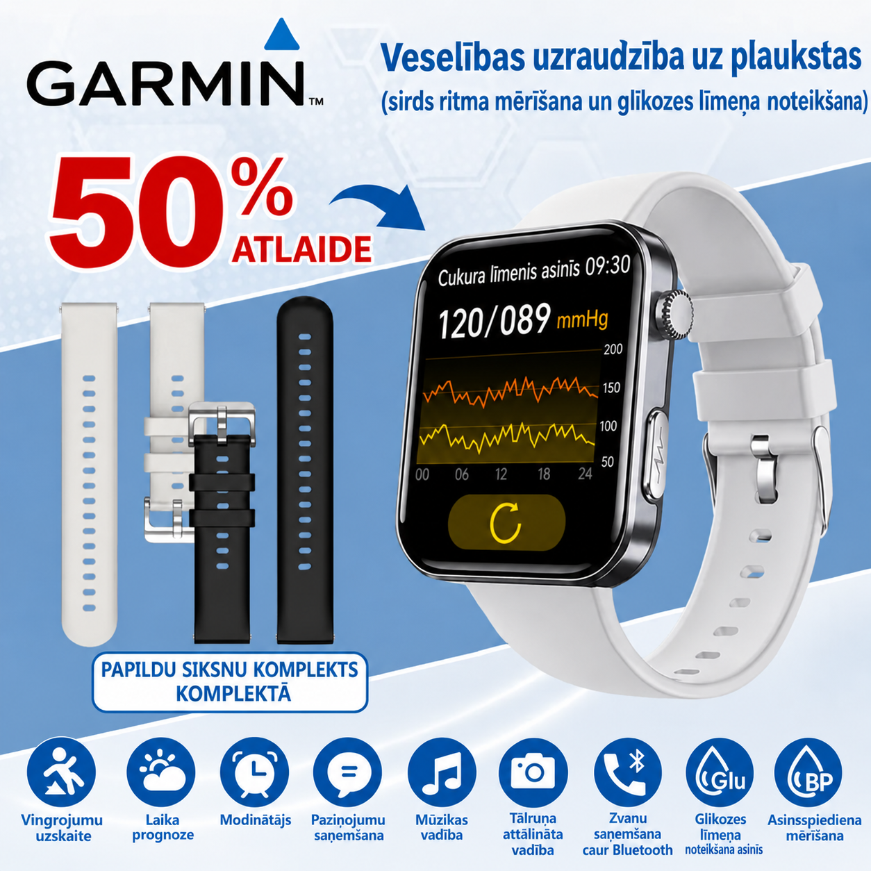 JAUNUMS 2026! Garmin viedpulkstenis ar AI – cukura līmeņa un asinsspiediena mērīšana, zvanu funkcija + 2 siksniņas DĀVANĀ 🎁📞