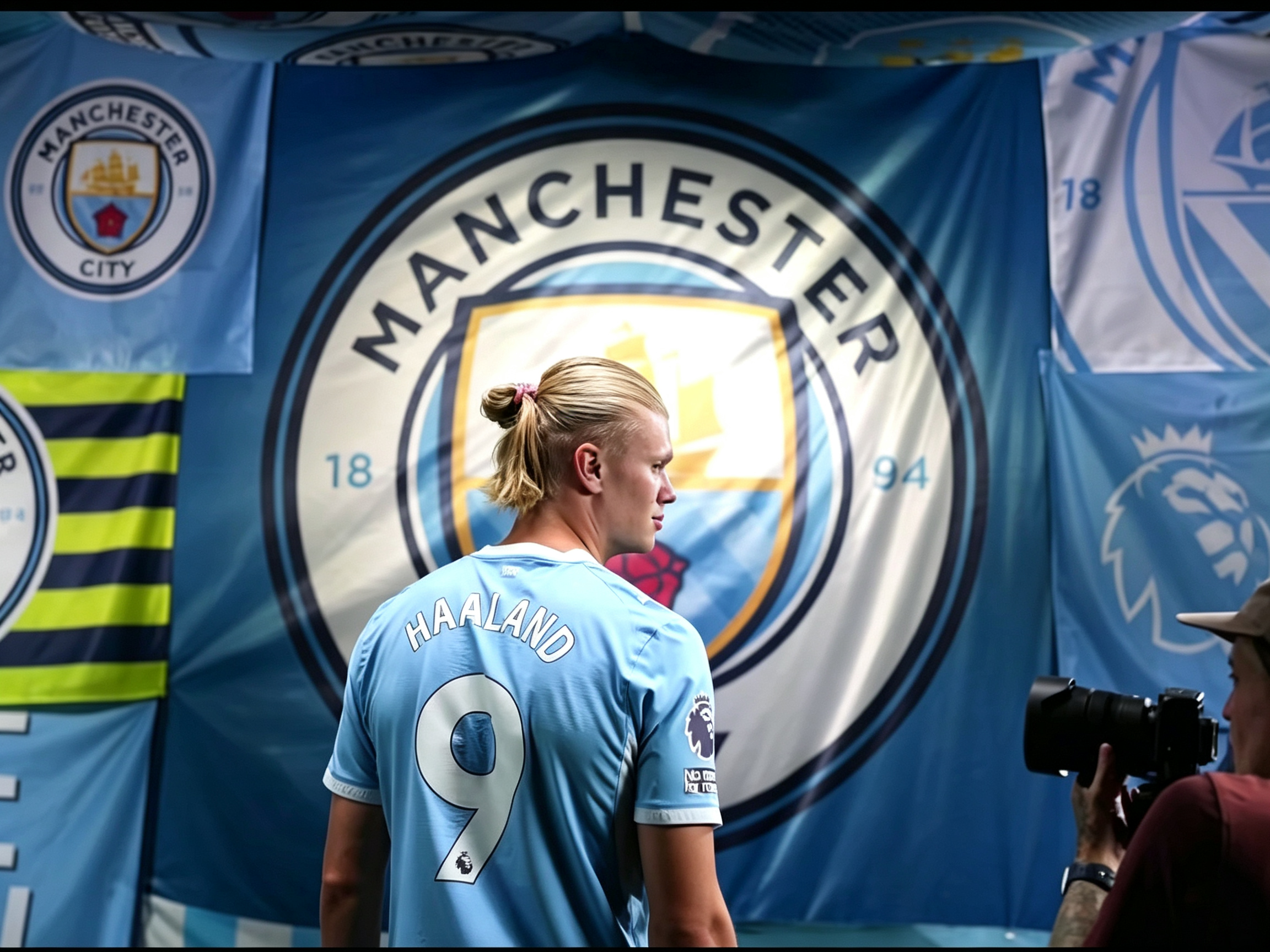 Erling Haaland wearing Manchester City home jersey number 9, back view, Manchester City club banner backdrop, JerseyHub Pro authentic replica football shirt