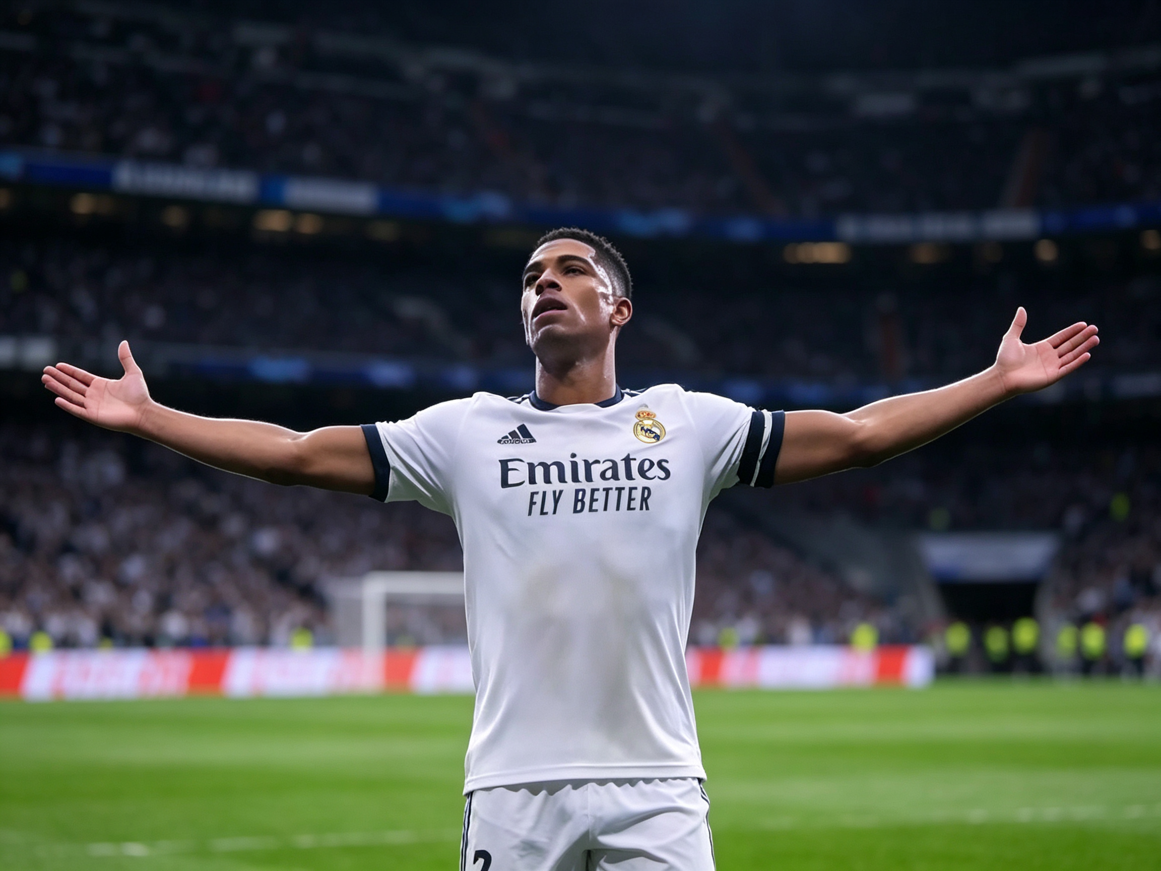 Jude Bellingham wearing Real Madrid away jersey number 5, celebrating on football pitch with cheering fans in stadium stands, JerseyHub Pro football uniform
