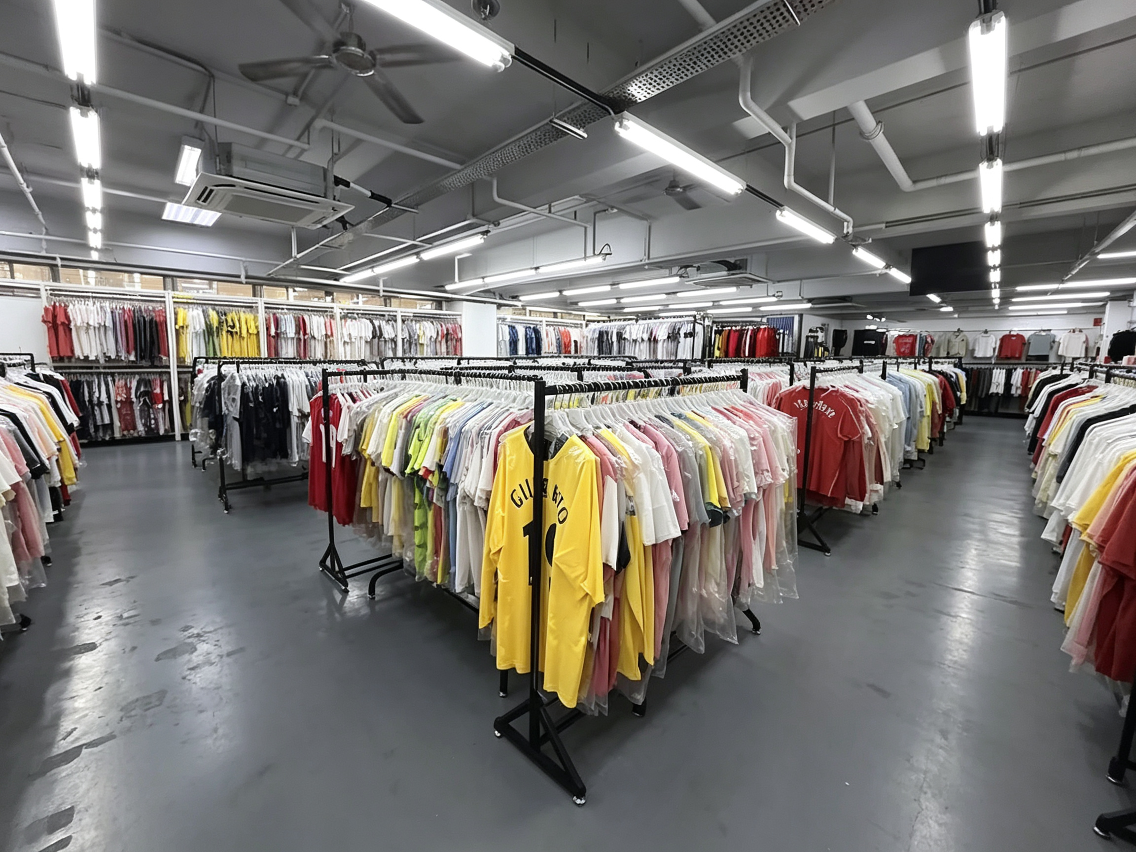 JerseyHub Pro wholesale jersey showroom, wide view of indoor warehouse with many hanging soccer football jerseys, assorted sport uniforms on racks, bright industrial retail space for fan wear