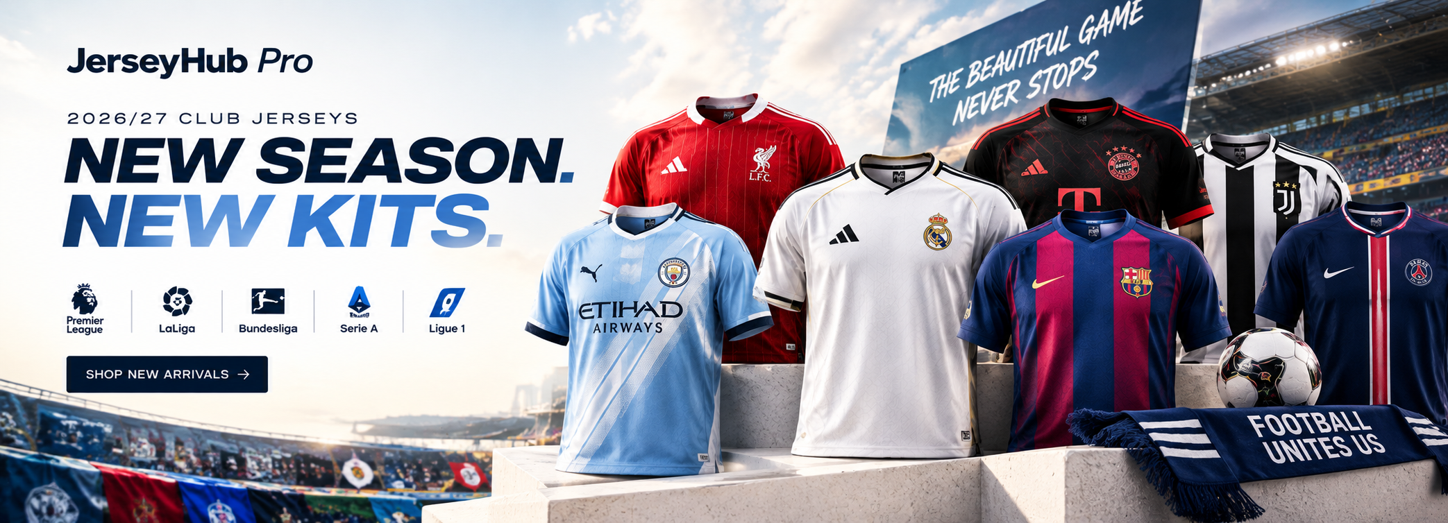 2026/27 new season club football jerseys – Premier League, LaLiga, Bundesliga, Serie A and Ligue 1 kits at JerseyHub Pro