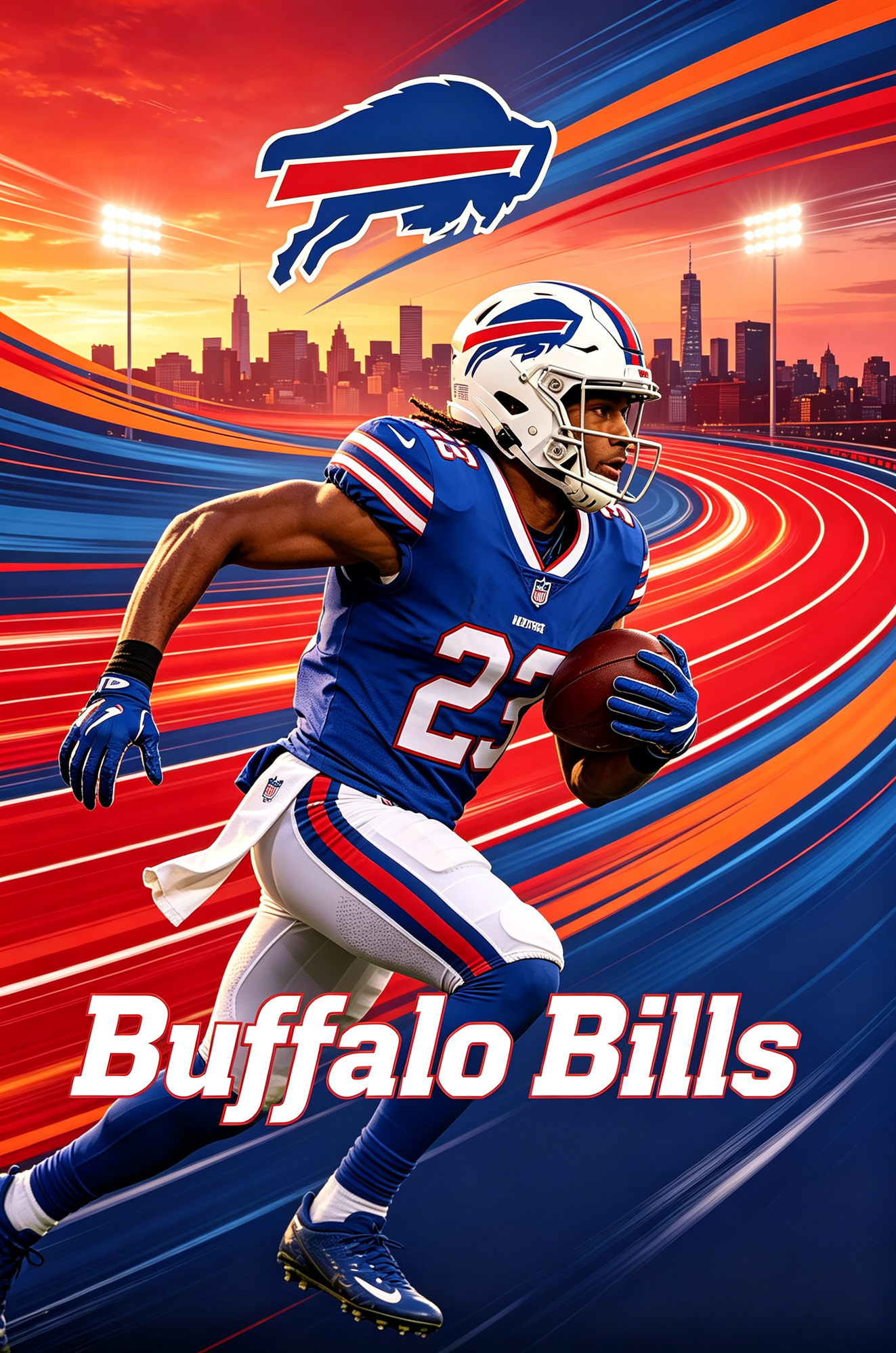 Buffalo Bills football player side profile in jersey, dynamic stadium scene, JerseyHub Pro sports apparel
