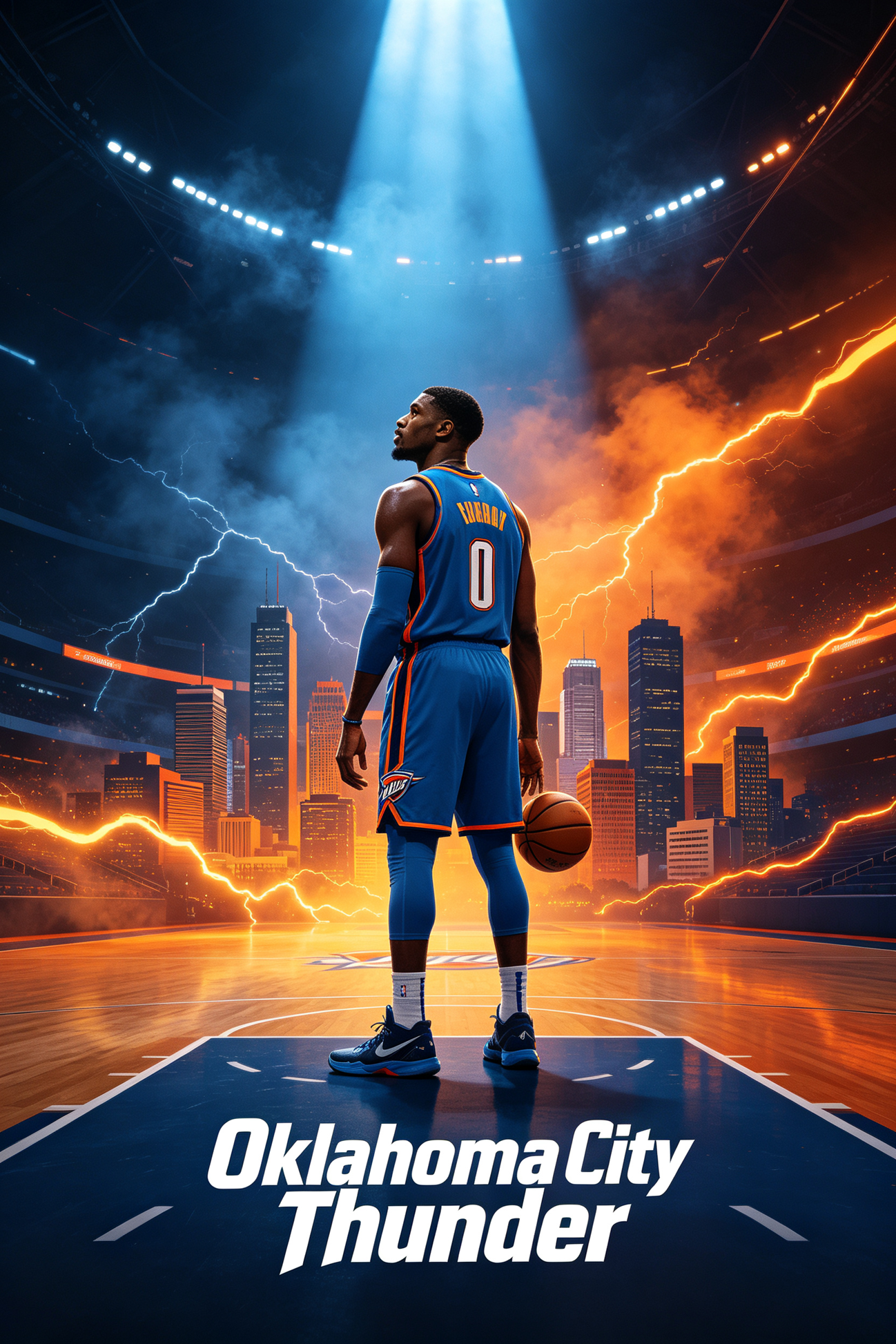 Oklahoma City Thunder basketball player back view in team jersey, lightning stadium background, JerseyHub Pro sports apparel