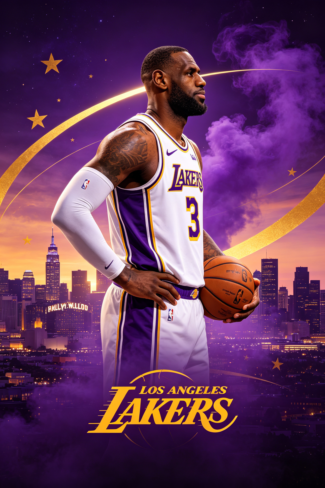 Los Angeles Lakers basketball player side profile wearing purple gold uniform, LA city backdrop, JerseyHub Pro sports apparel