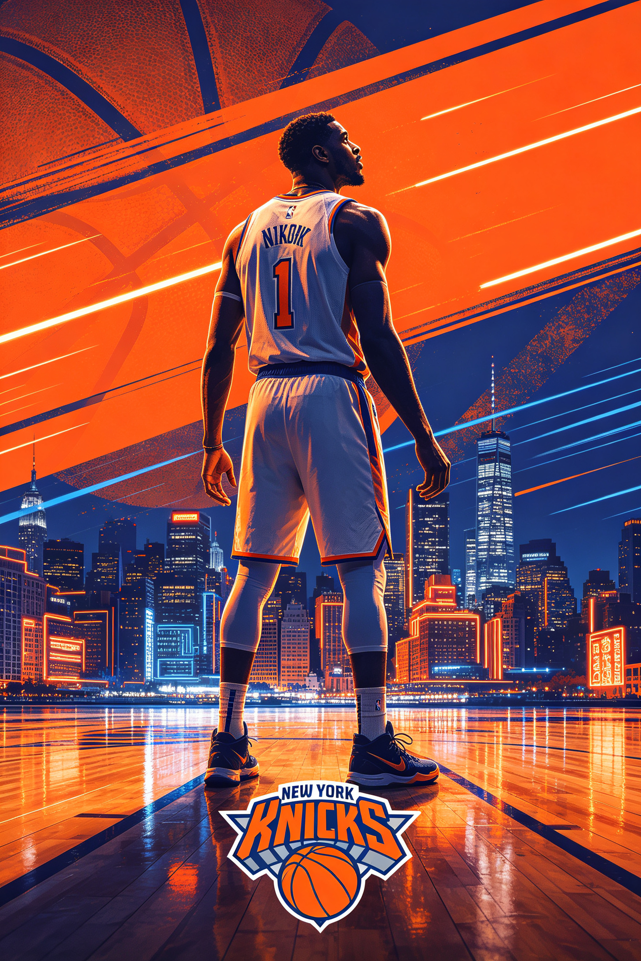 New York Knicks basketball player back view in blue orange jersey, New York city stadium scene, JerseyHub Pro sports apparel