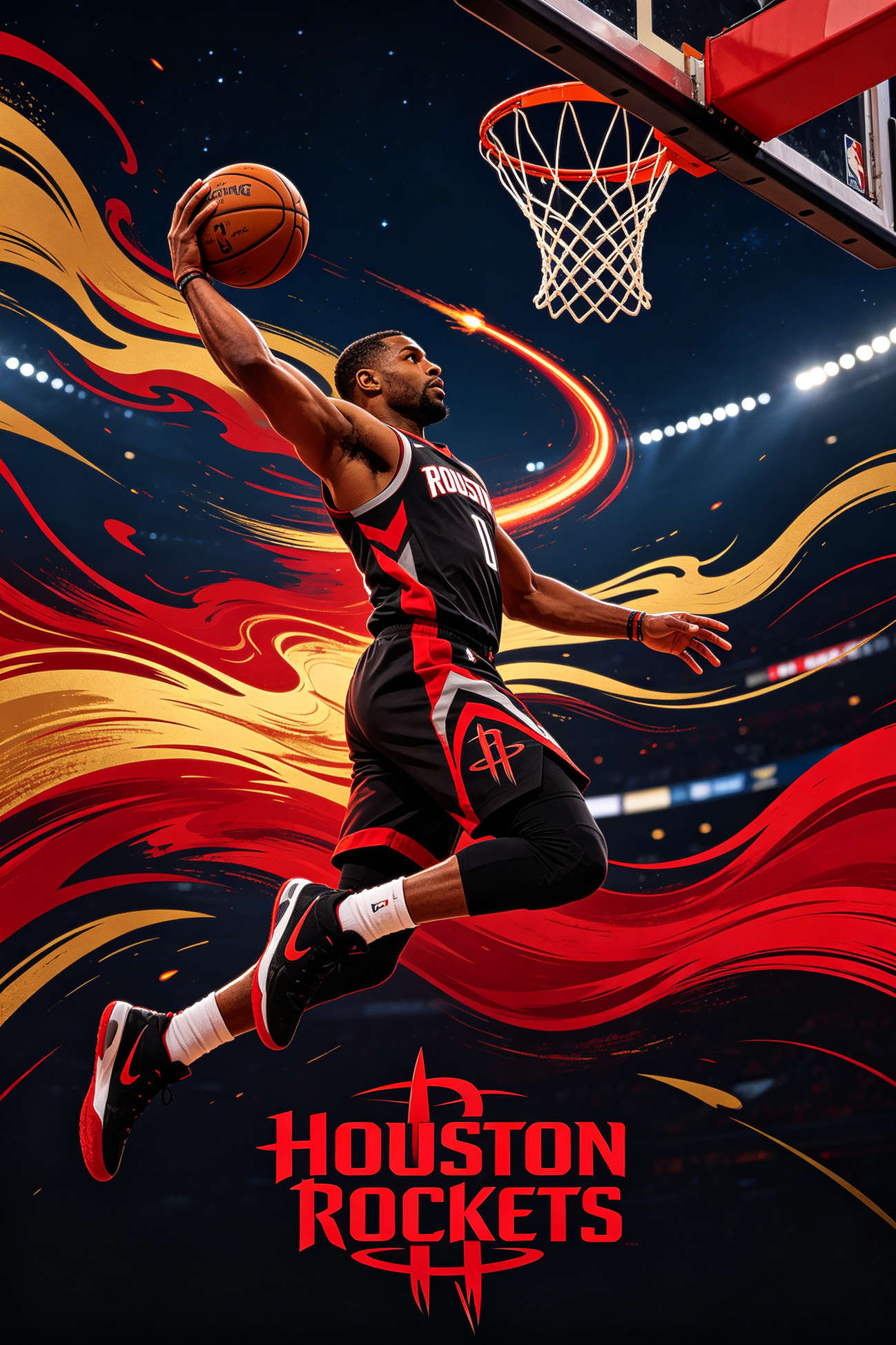 Houston Rockets basketball player side profile in red uniform, dynamic rocket light trails, JerseyHub Pro sports apparel