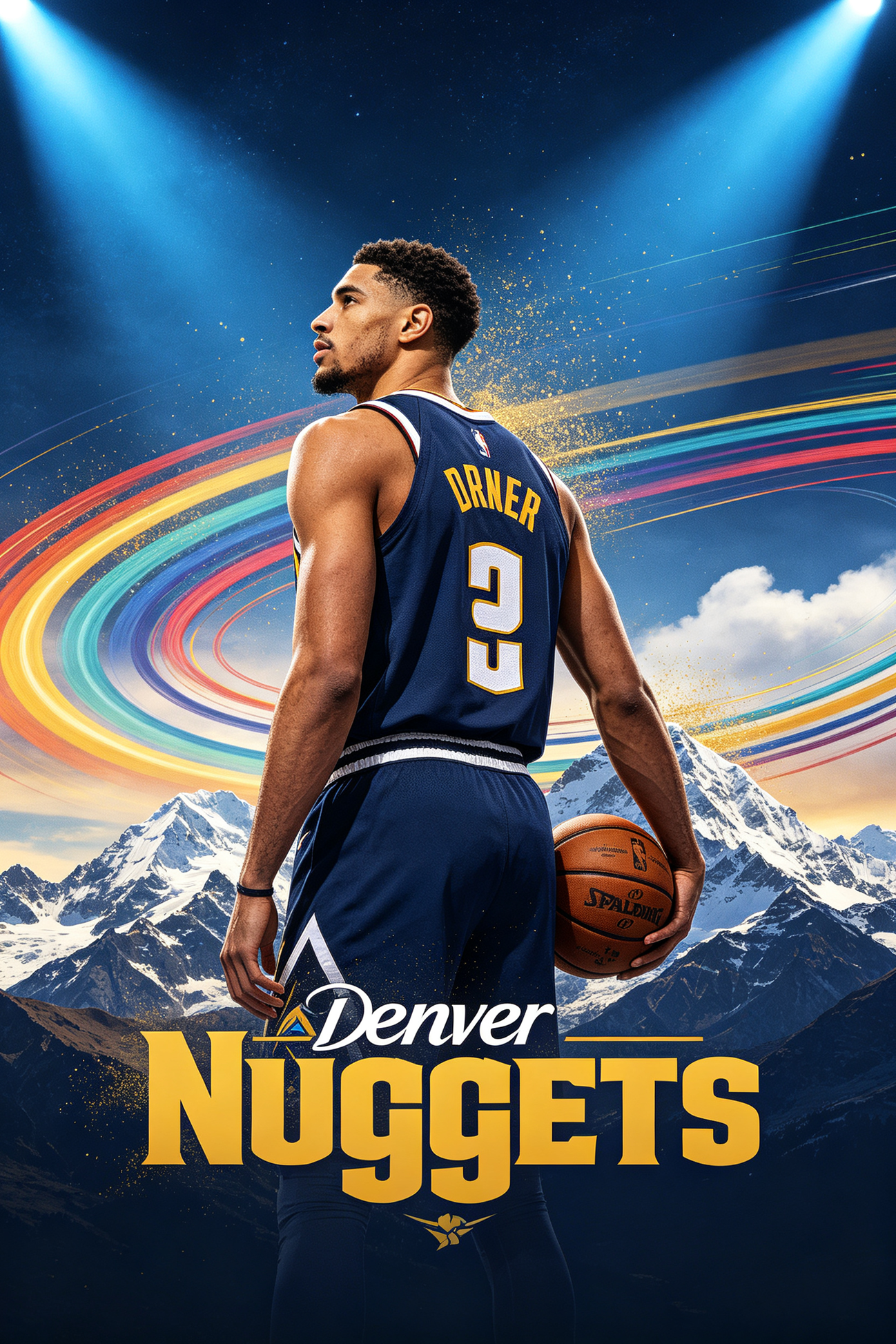 Denver Nuggets basketball player back view in blue gold jersey, mountain plateau background, JerseyHub Pro sports apparel