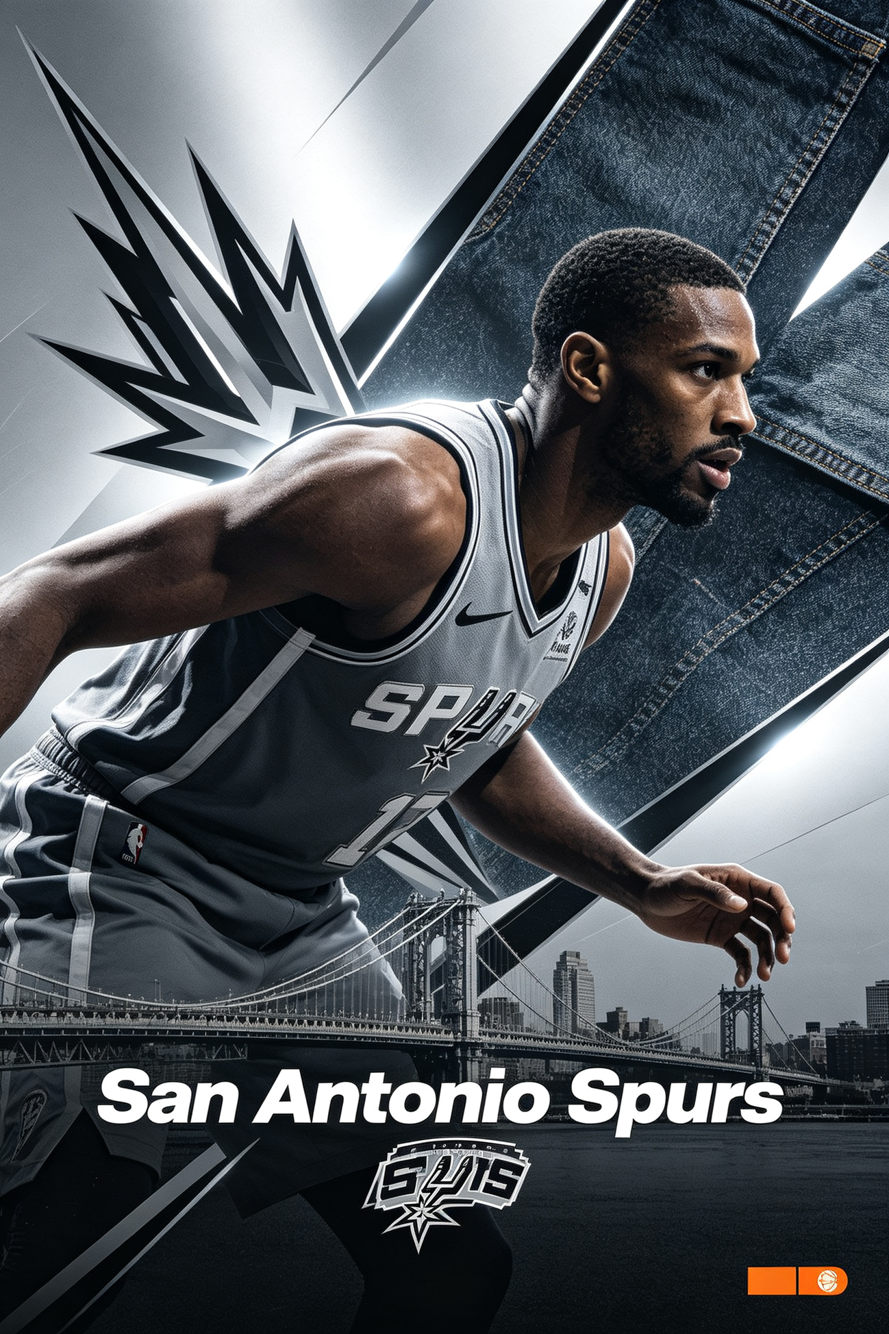San Antonio Spurs basketball player side profile wearing silver black uniform, stadium action scene, JerseyHub Pro sports apparel