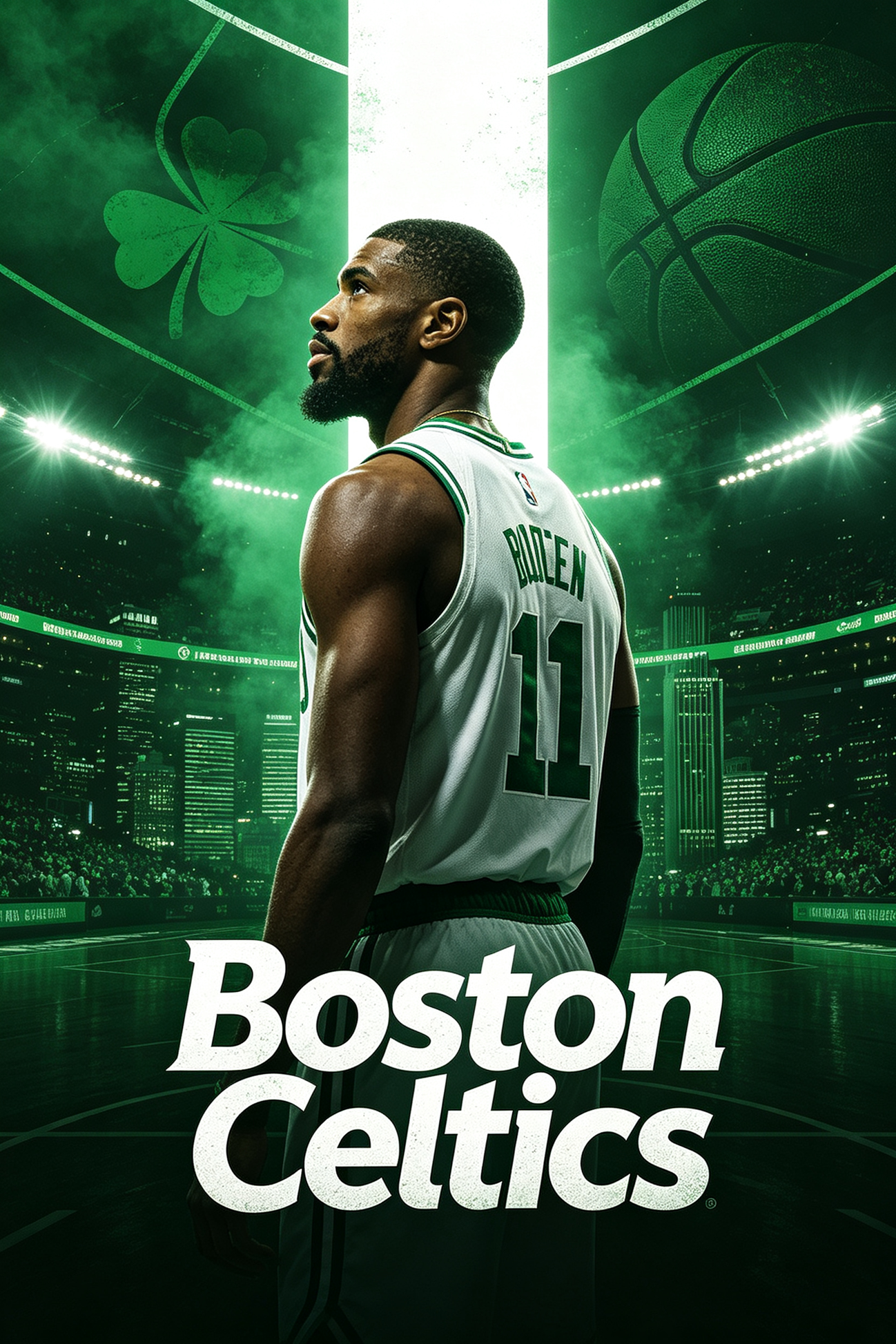 Boston Celtics basketball player back view in green white jersey, indoor arena lighting, JerseyHub Pro sports apparel