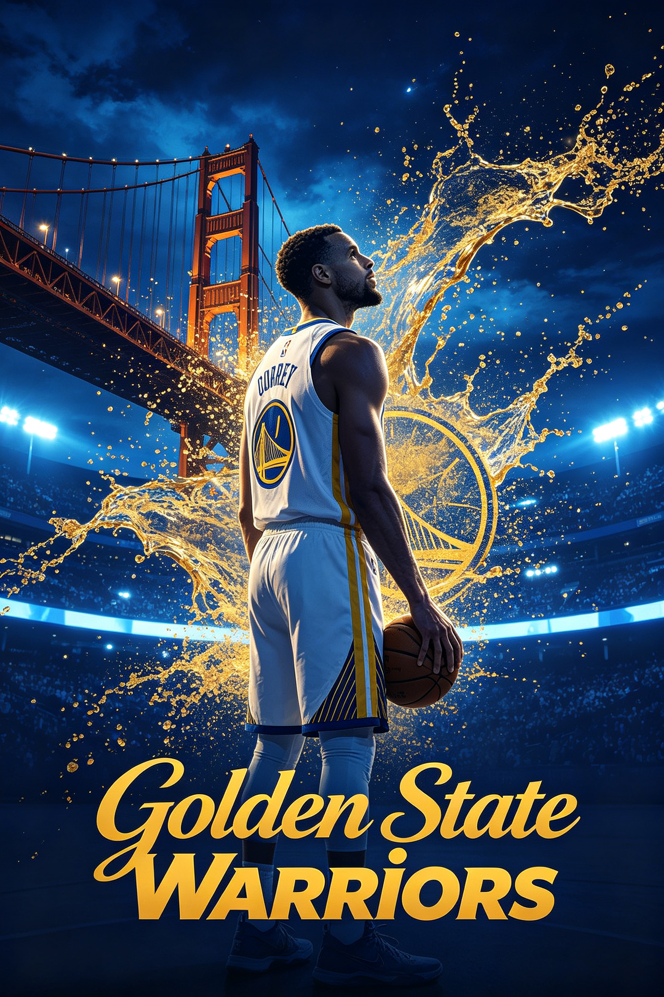 Golden State Warriors basketball player back view in blue gold jersey, bay area stadium scene, JerseyHub Pro sports apparel