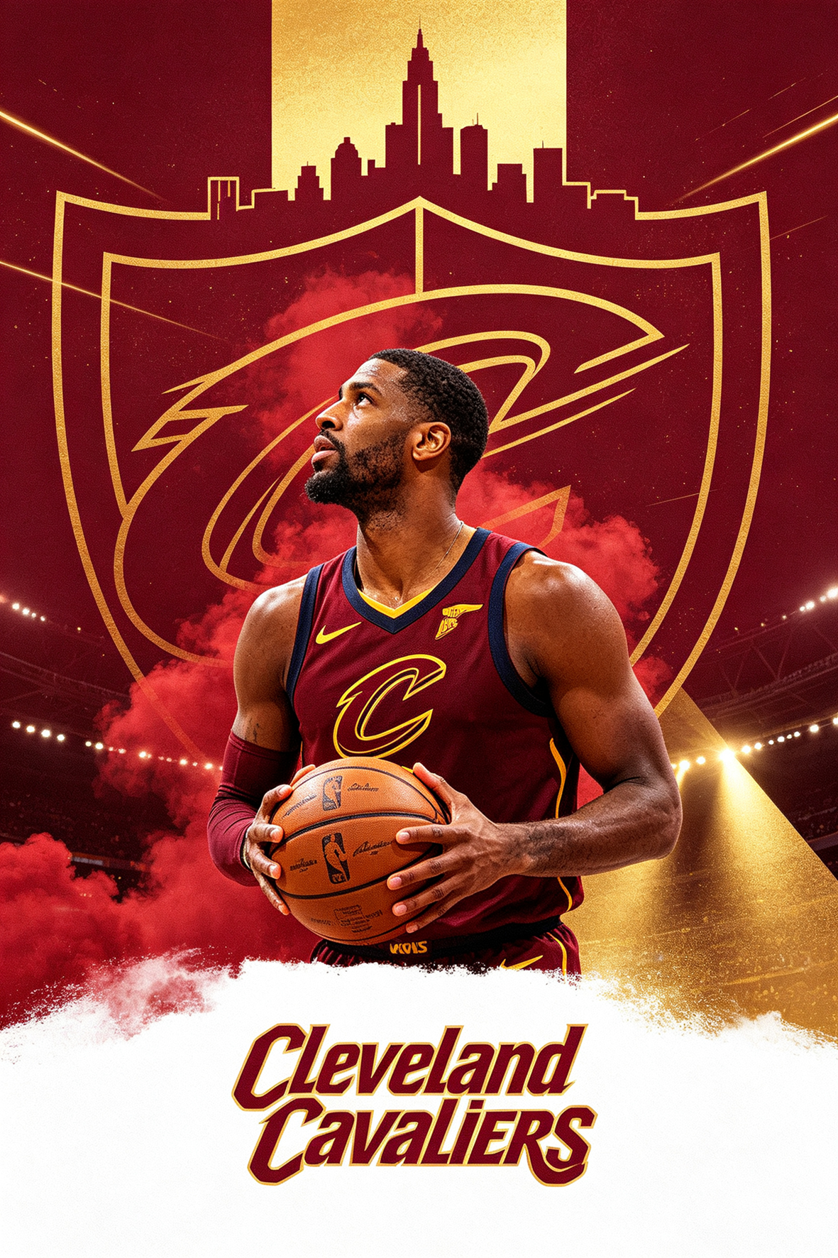 Cleveland Cavaliers basketball player side profile in wine red gold uniform, stadium light beams, JerseyHub Pro sports apparel