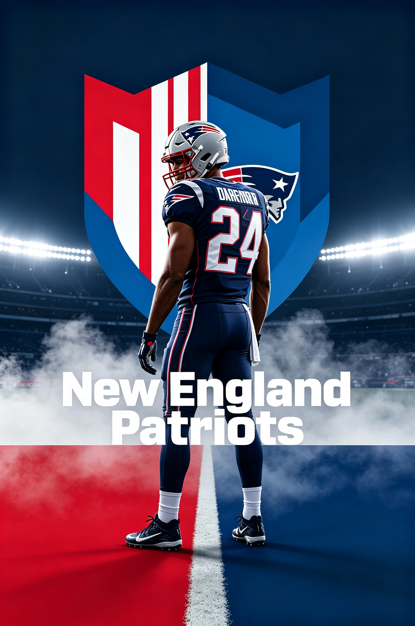 New England Patriots football player back view with team uniform, stadium night scene, JerseyHub Pro sports apparel