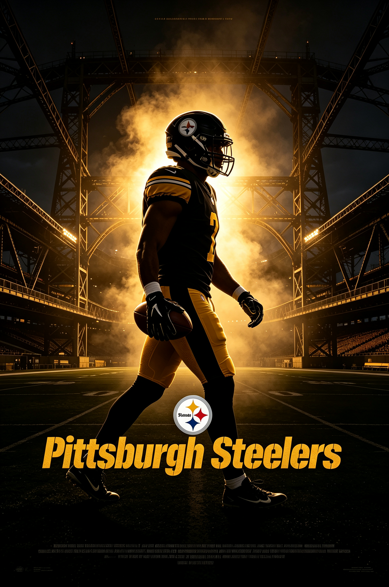 Pittsburgh Steelers football player back view wearing official uniform, industrial stadium backdrop, JerseyHub Pro sports apparel