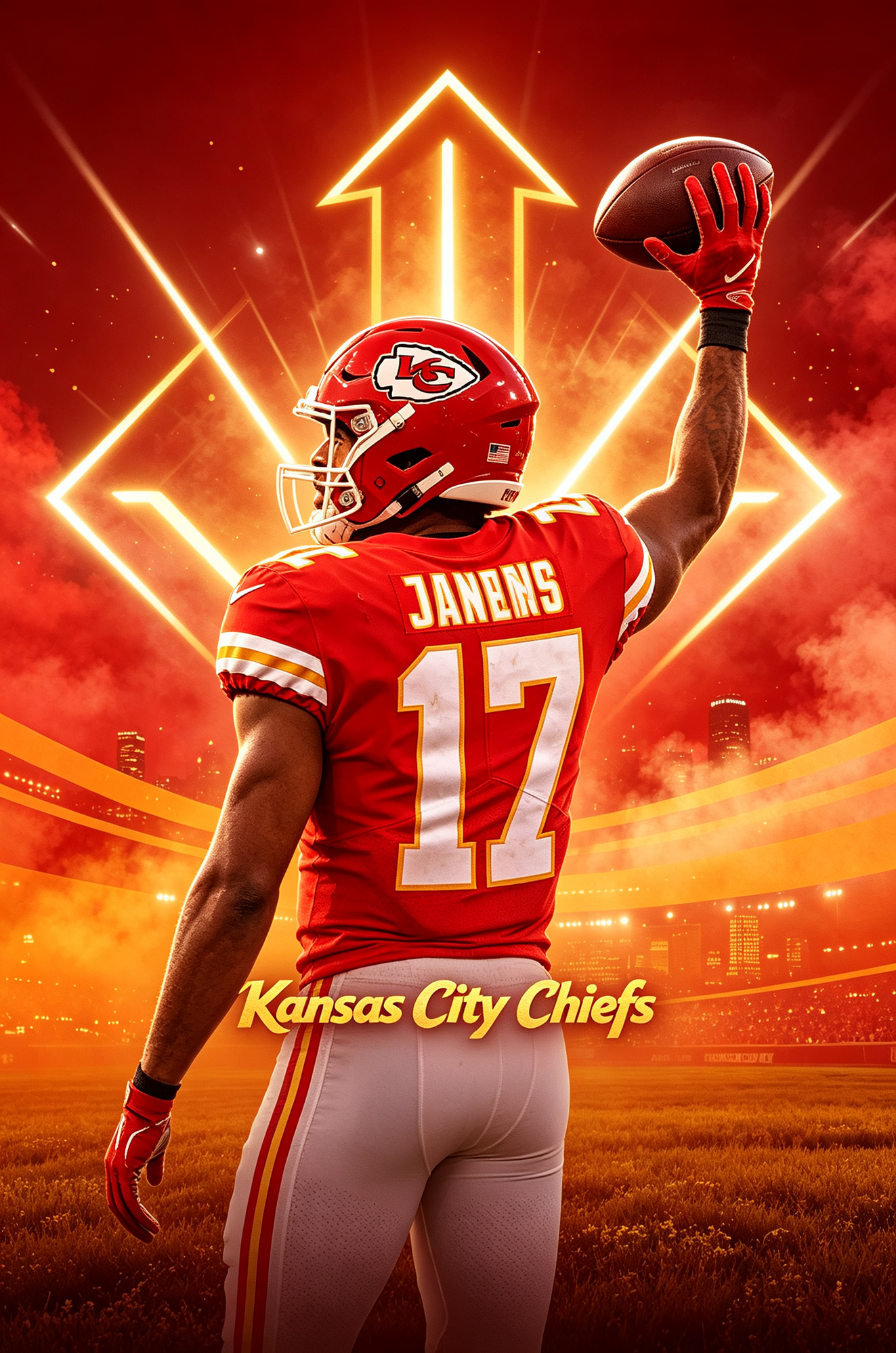 Kansas City Chiefs football player back view in team jersey, glowing stadium light effects, JerseyHub Pro sports apparel