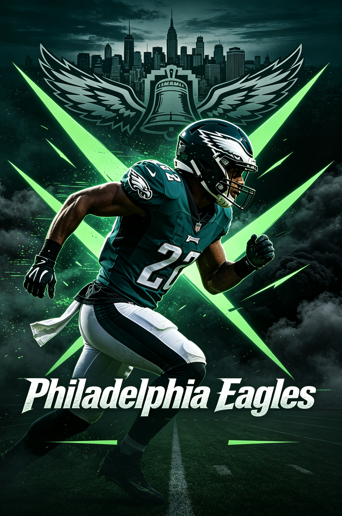 Philadelphia Eagles football player side profile wearing team uniform, stadium action shot, JerseyHub Pro sports apparel