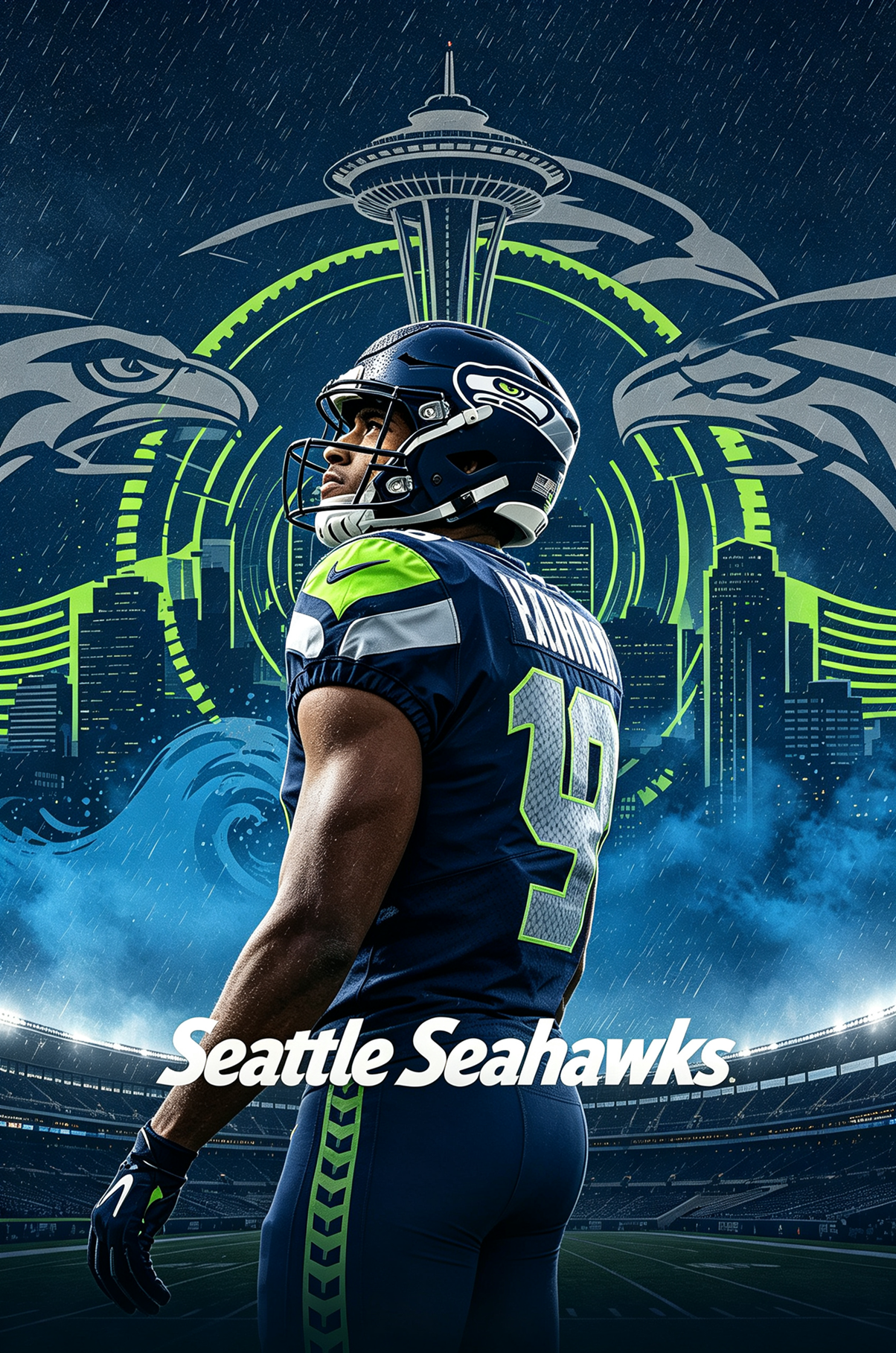 Seattle Seahawks football player back view wearing team jersey, dark blue stadium scene, JerseyHub Pro sports apparel