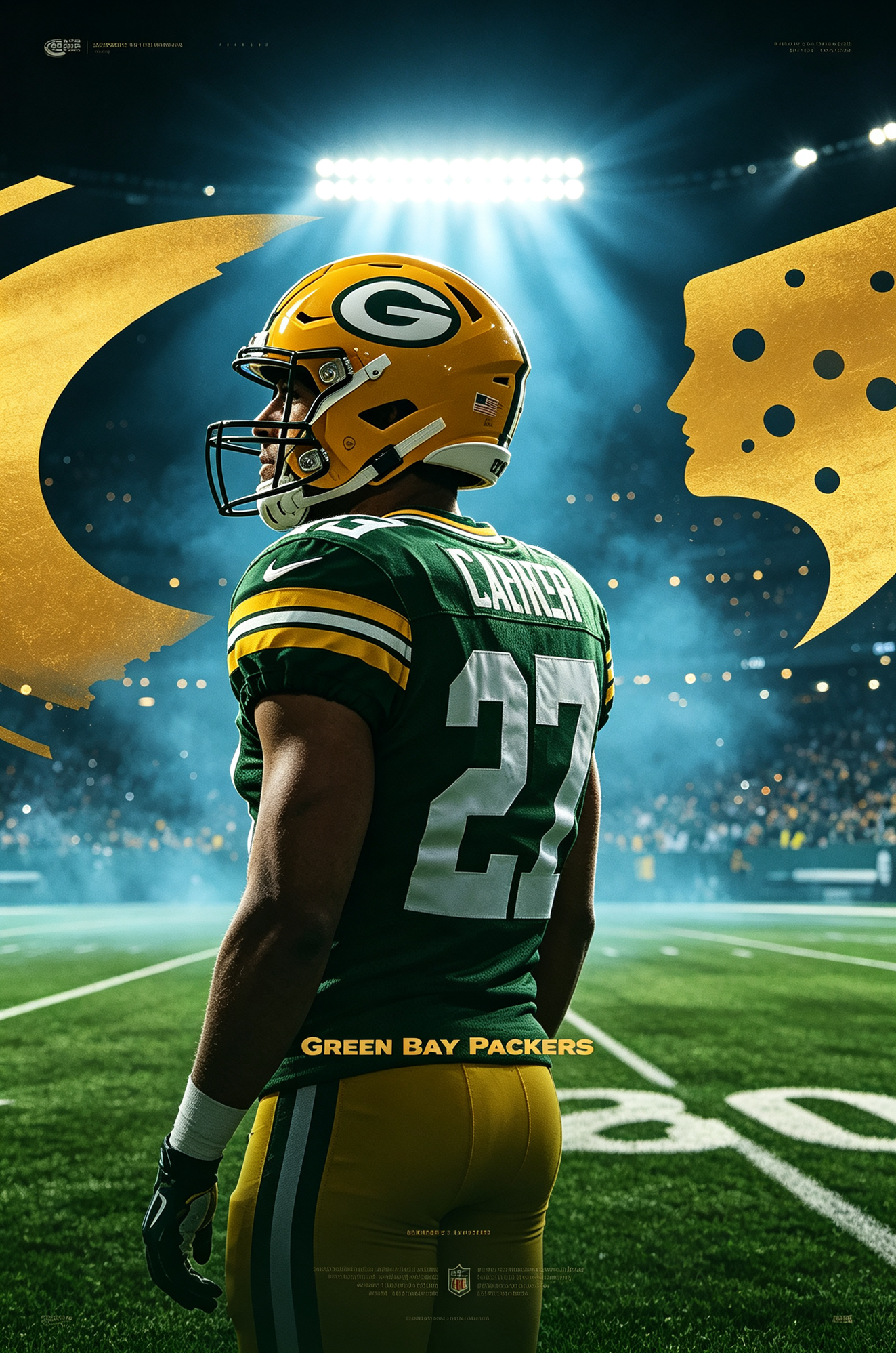 Green Bay Packers football player side profile in team jersey, cold stadium atmosphere, JerseyHub Pro sports apparel