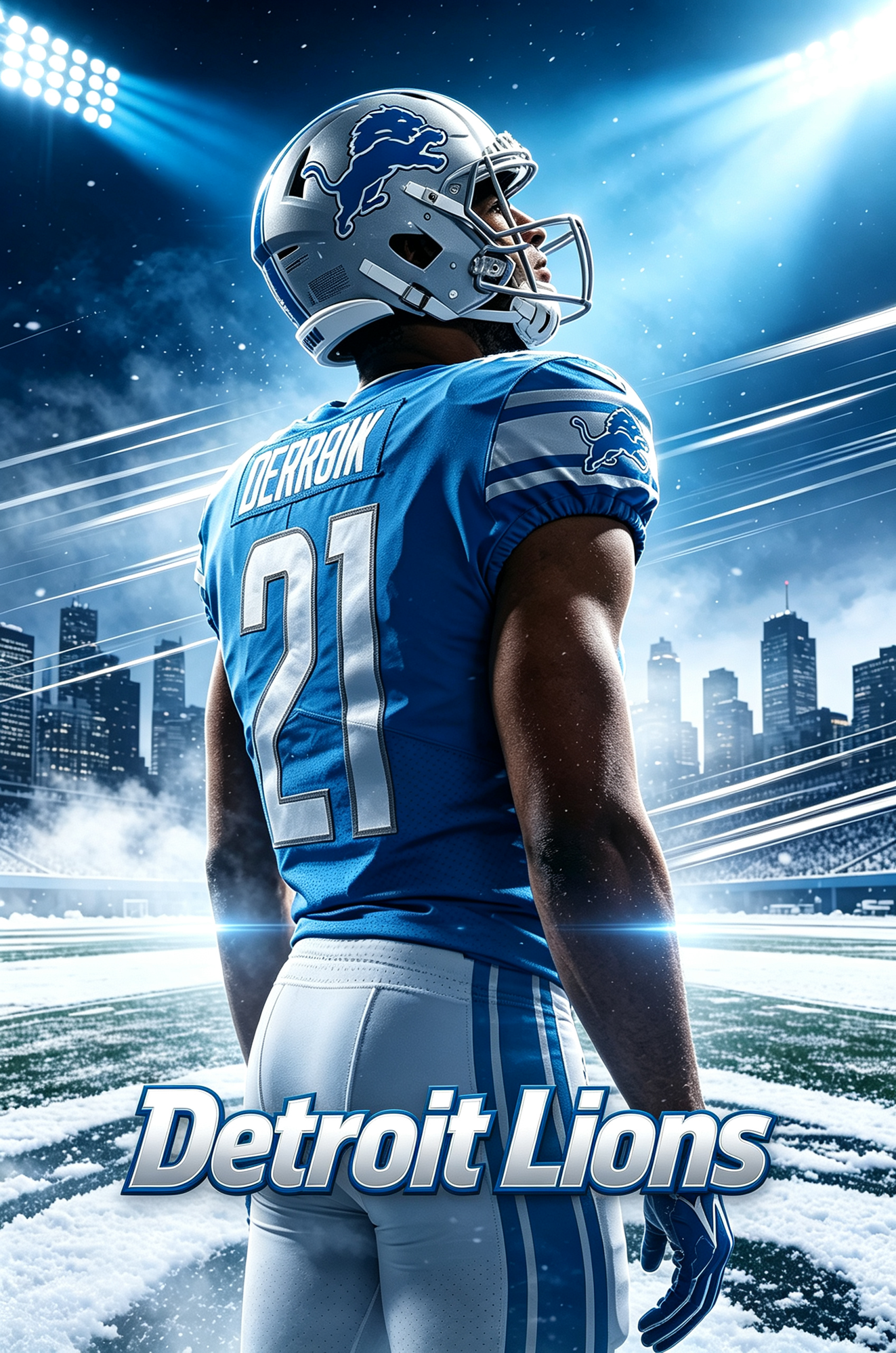 Detroit Lions football player back view in blue silver jersey, snowy stadium field, JerseyHub Pro sports apparel
