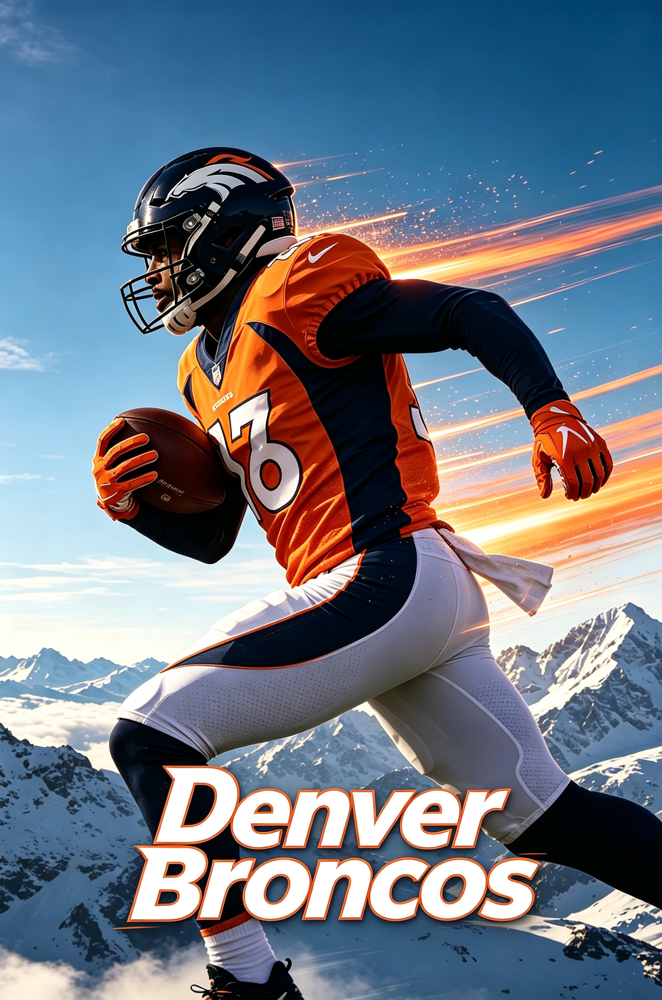 Denver Broncos football player side profile in orange uniform, mountain landscape background, JerseyHub Pro sports apparel