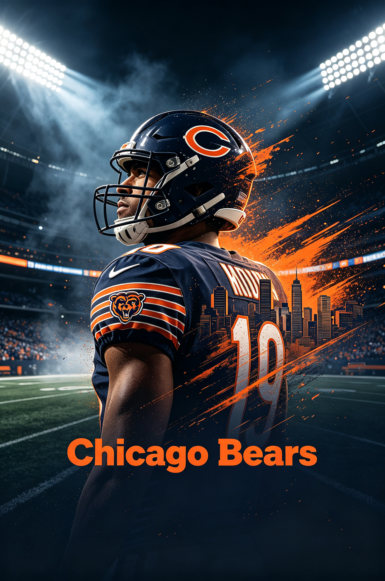 Chicago Bears football player back view wearing team jersey, stadium lights background, JerseyHub Pro sports apparel