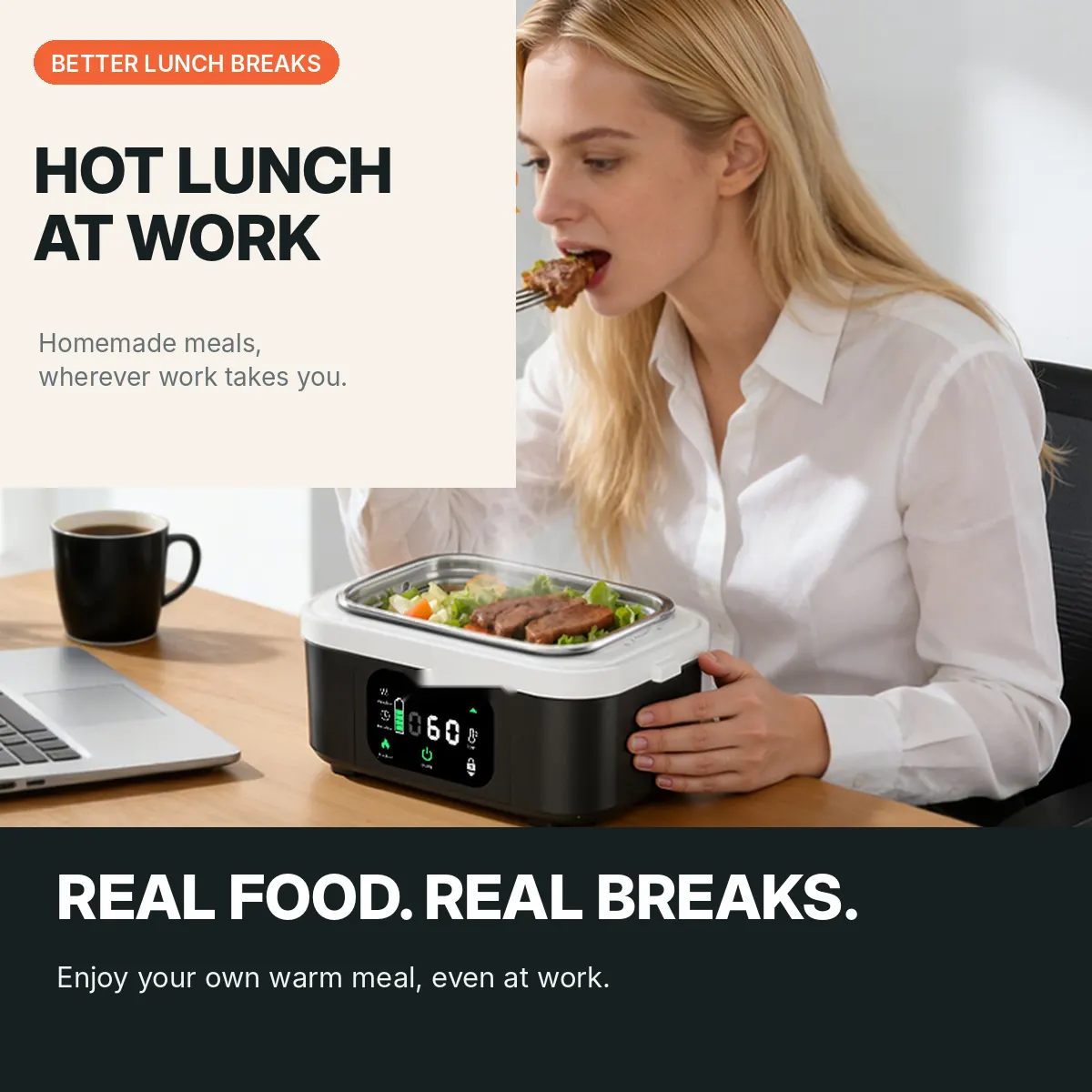  Heated lunch box with 24000mAh cordless battery, 1.2L capacity, digital display & scheduled heating for work travel camping