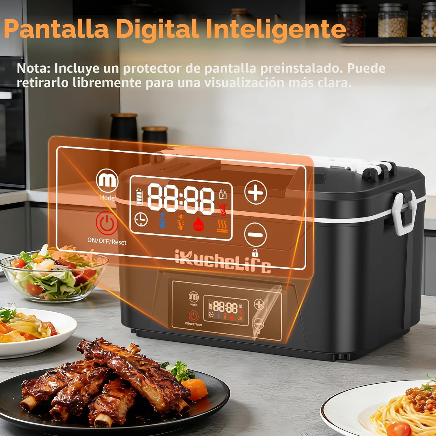 Lonchera térmica inalámbrica de 24000 mAh con pantalla digital, color negro | Heated lunch box with 24000mAh cordless battery, 1.2L capacity, digital display & scheduled heating for work travel camping