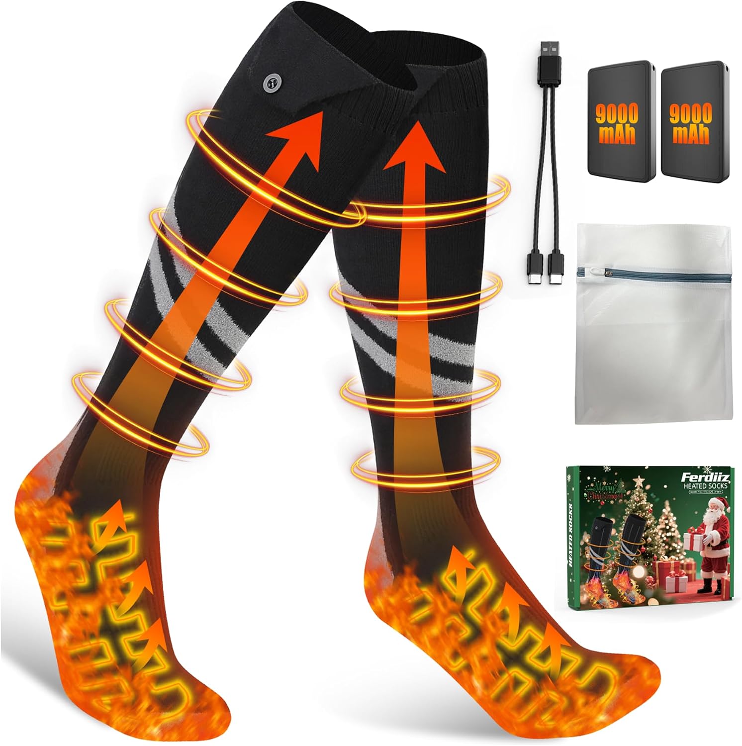 Rechargeable Heated Socks for Men & Women - 9000mAh Battery Winter Warmers with 3 Heat Levels | Full Foot Electric Heating for Skiing, Hiking, Cycling | Machine Washable Cold Weather Socks