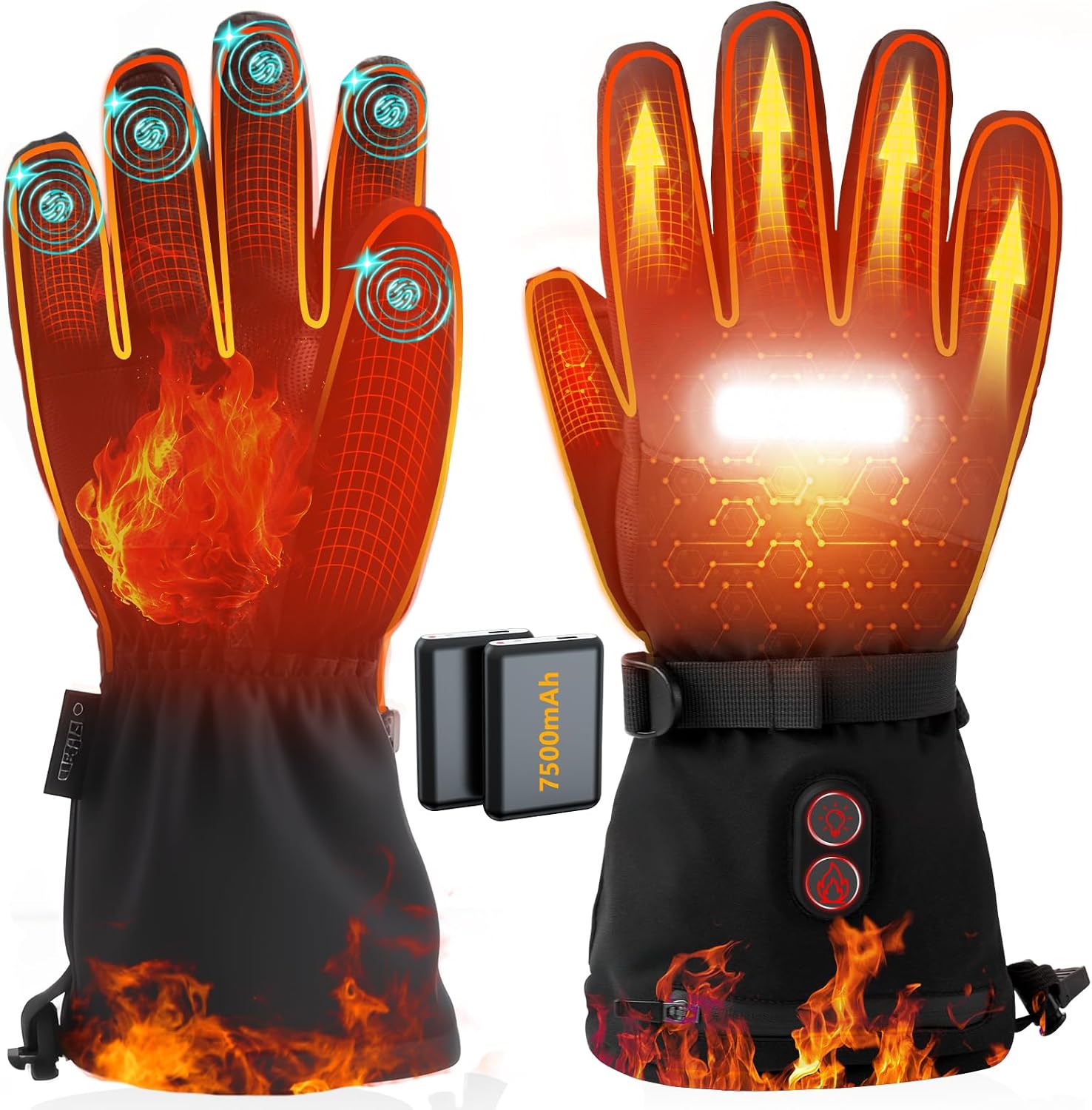 Heated Gloves with Light, 7500mAh Rechargeable Heated Gloves for Men Women, 3 Heating Modes, Portable Touchscreen Thermal Glove Hand Warmers for Outdoor Work, Motorcycling, Camping Hiking, L