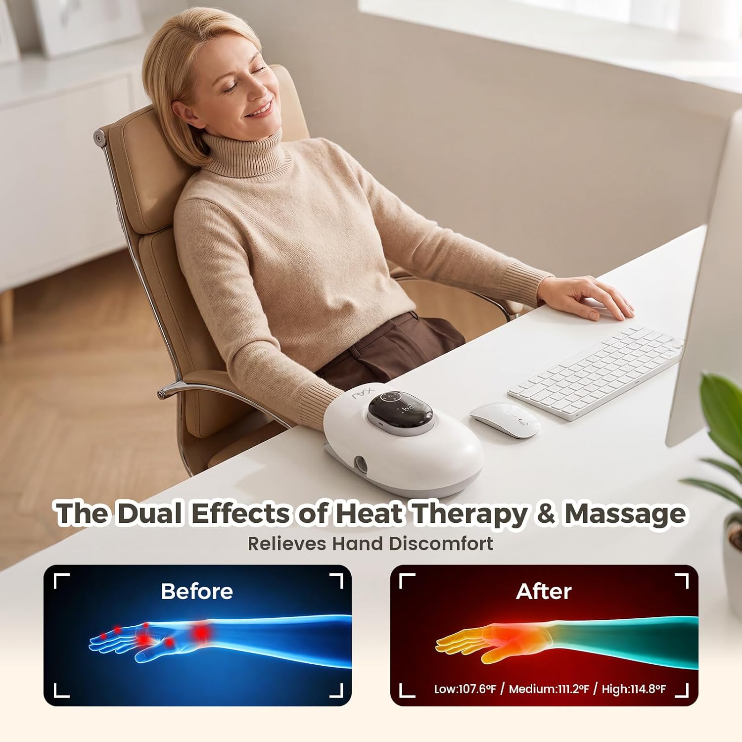 Hand Massager with Heat and Compression, Cordless Electric Hand Massager | 3 Heat Levels, 4 Massage Modes, 5 Pressure Levels - Suitable for Hand Relaxation, Gifts for Women & Men(White)