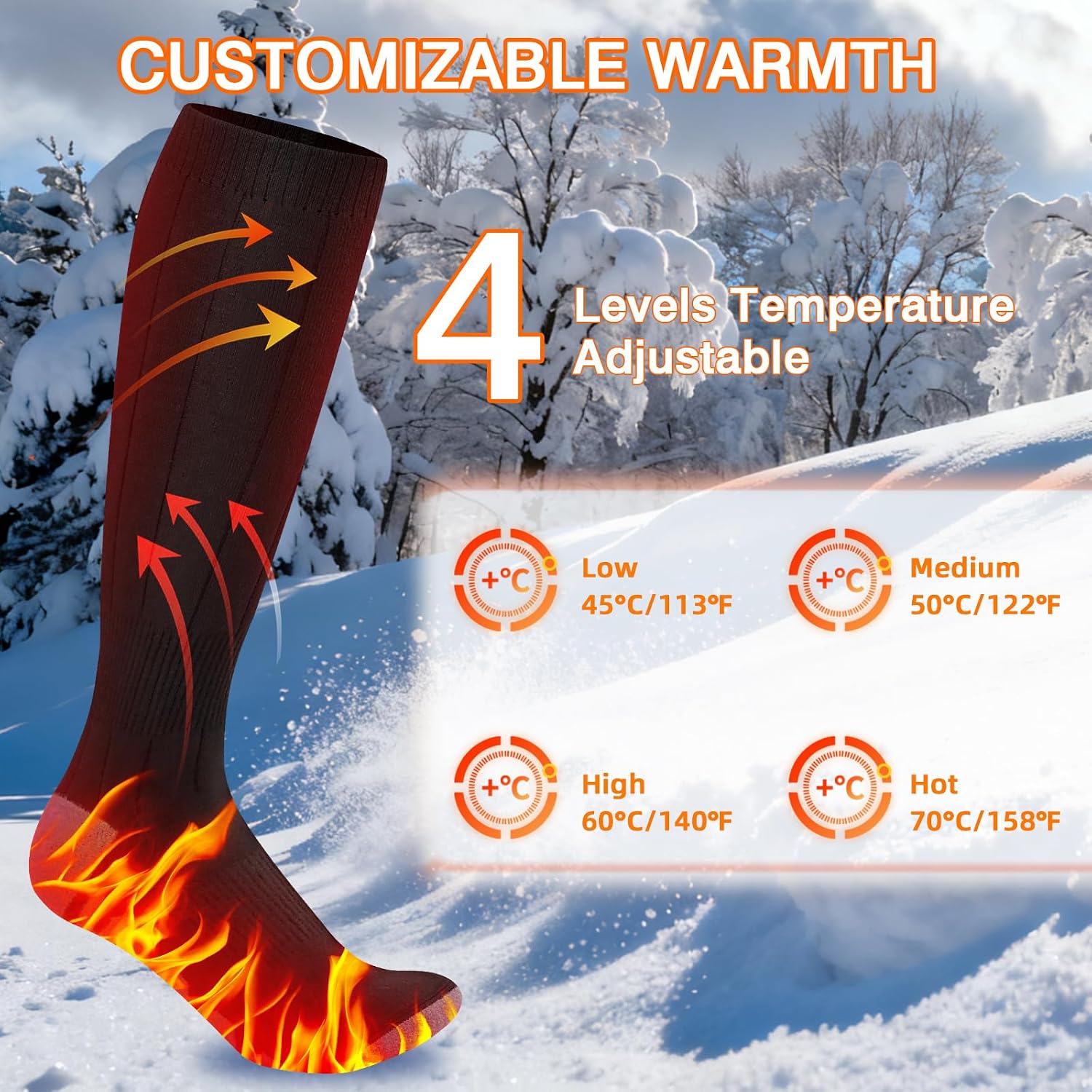 Heated Socks for Men Women,Ferdiiz 7500mAh Rechargeable Battery Winter Warmers with 4 Heat Levels,Full Foot Electric Heating Socks for Skiing, Hiking,Cycling | Machine Washable Cold Foot Warmer