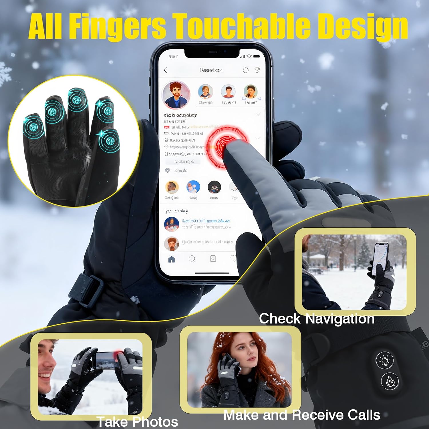 Heated Gloves with Light, 7500mAh Rechargeable Heated Gloves for Men Women, 3 Heating Modes, Portable Touchscreen Thermal Glove Hand Warmers for Outdoor Work, Motorcycling, Camping Hiking, L