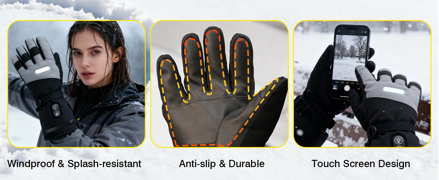 Three images of protective gloves showing different features and designs for sports or outdoor activities.