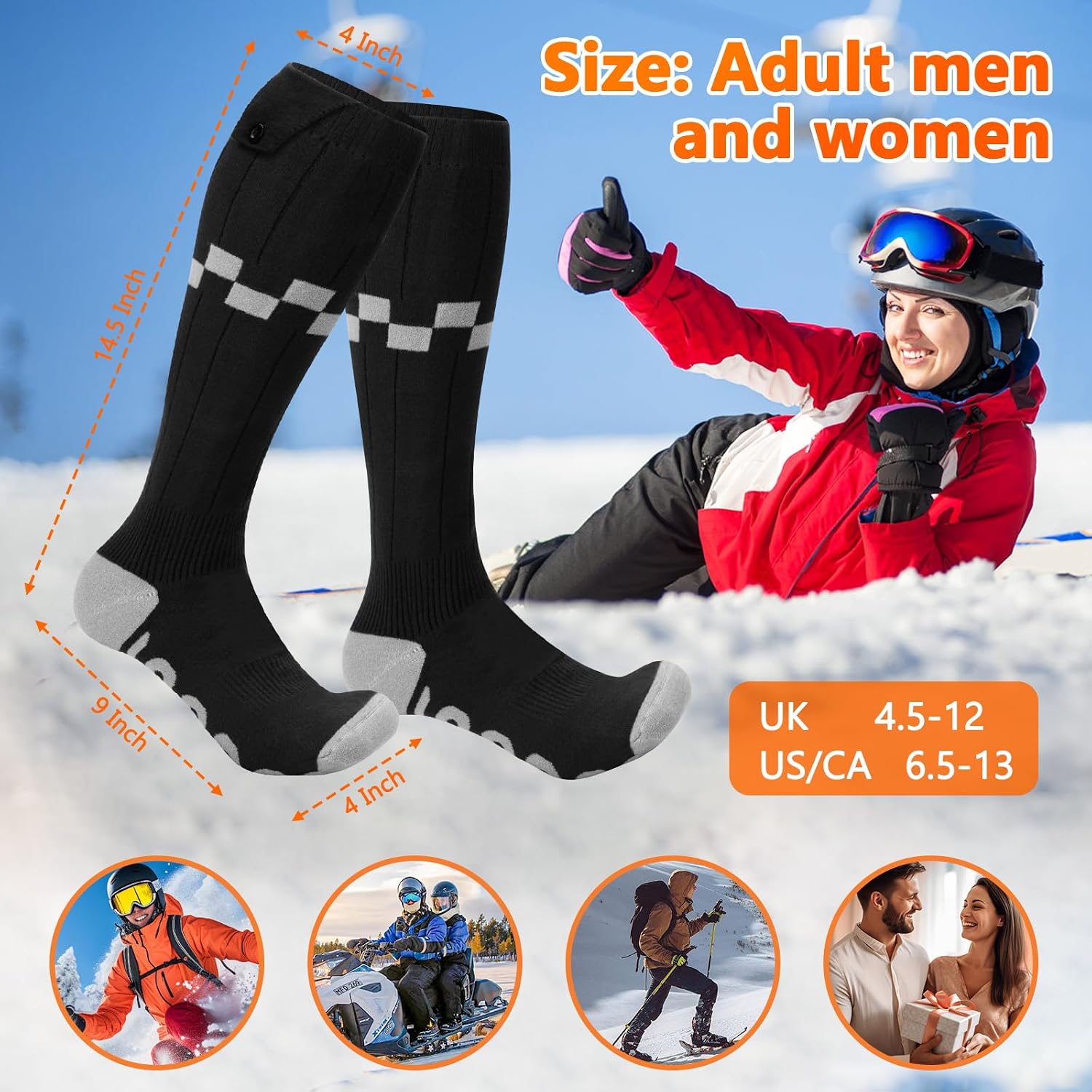 Heated Socks,iKuchelife Rechargeable 7500mAh Batteries Electric Socks,4 Temperature Adjustable Full Foot Winter Socks,Heated Socks for Men Suitable for Skiing Cycling Winter Foot Warmer Gifts