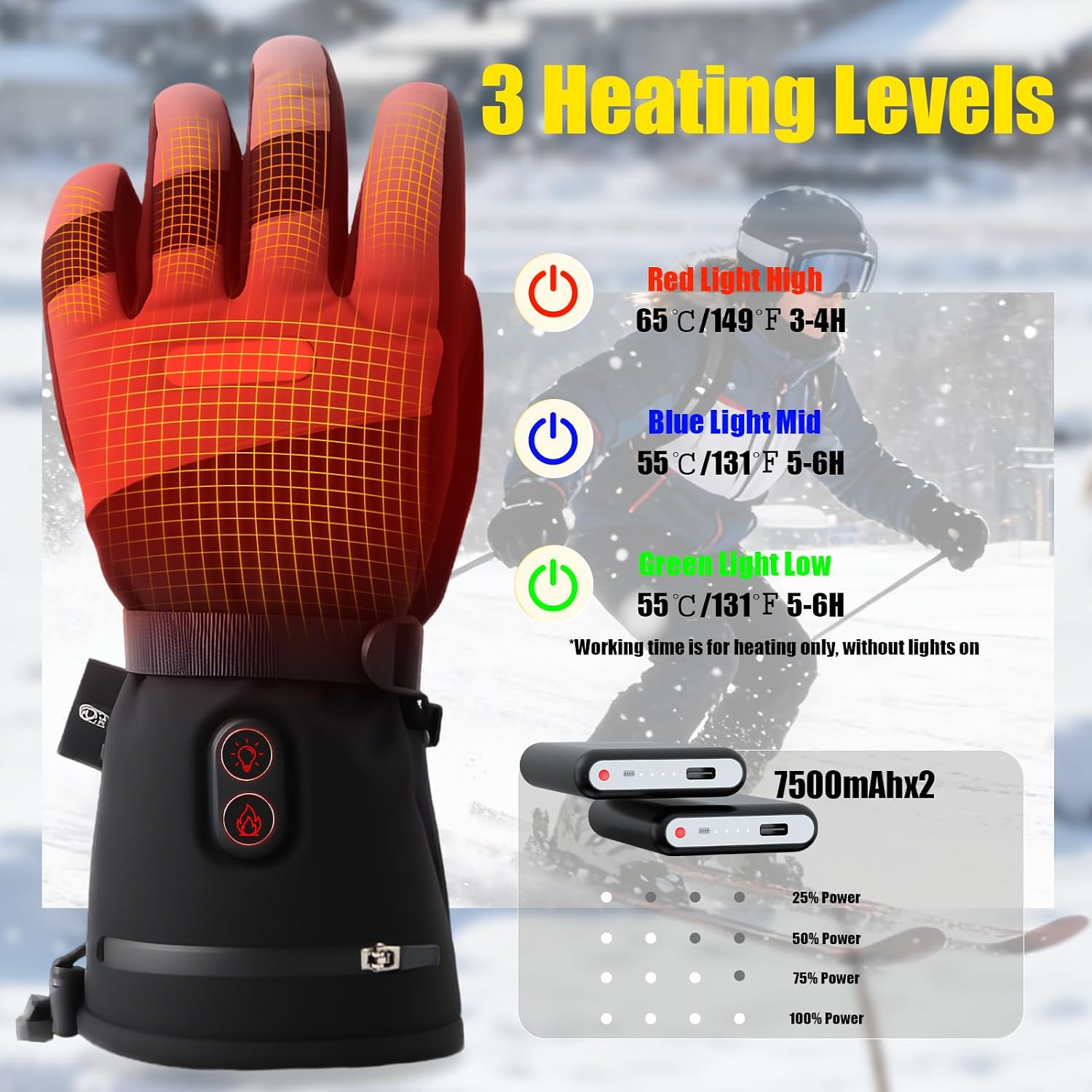 Heated Gloves with Light, 7500mAh Rechargeable Heated Gloves for Men Women, 3 Heating Modes, Portable Touchscreen Thermal Glove Hand Warmers for Outdoor Work, Motorcycling, Camping Hiking, L