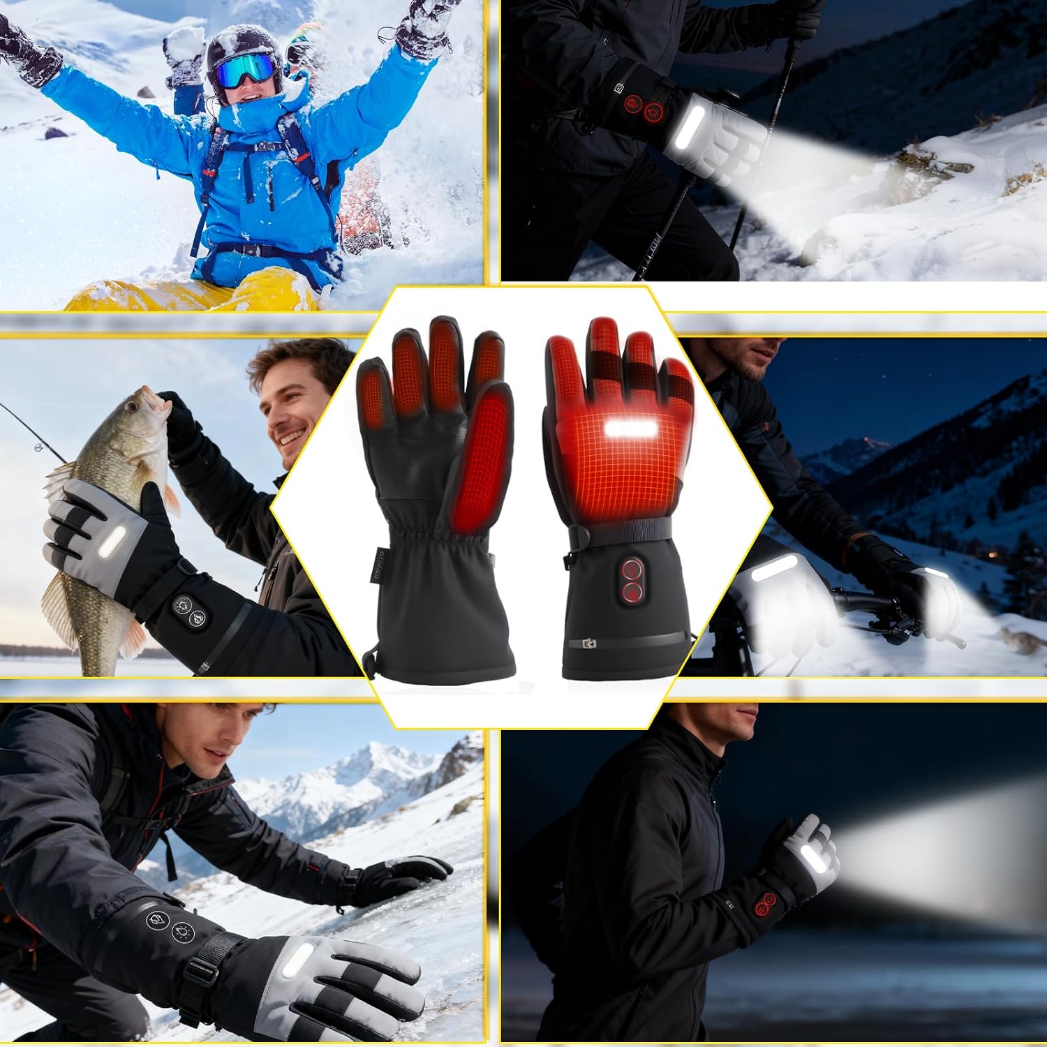 Heated Gloves with Light, 7500mAh Rechargeable Heated Gloves for Men Women, 3 Heating Modes, Portable Touchscreen Thermal Glove Hand Warmers for Outdoor Work, Motorcycling, Camping Hiking, L