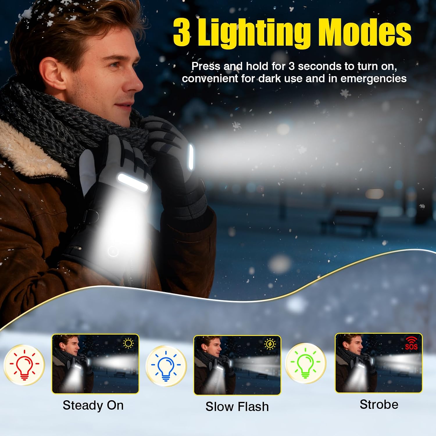 Heated Gloves with Light, 7500mAh Rechargeable Heated Gloves for Men Women, 3 Heating Modes, Portable Touchscreen Thermal Glove Hand Warmers for Outdoor Work, Motorcycling, Camping Hiking, L