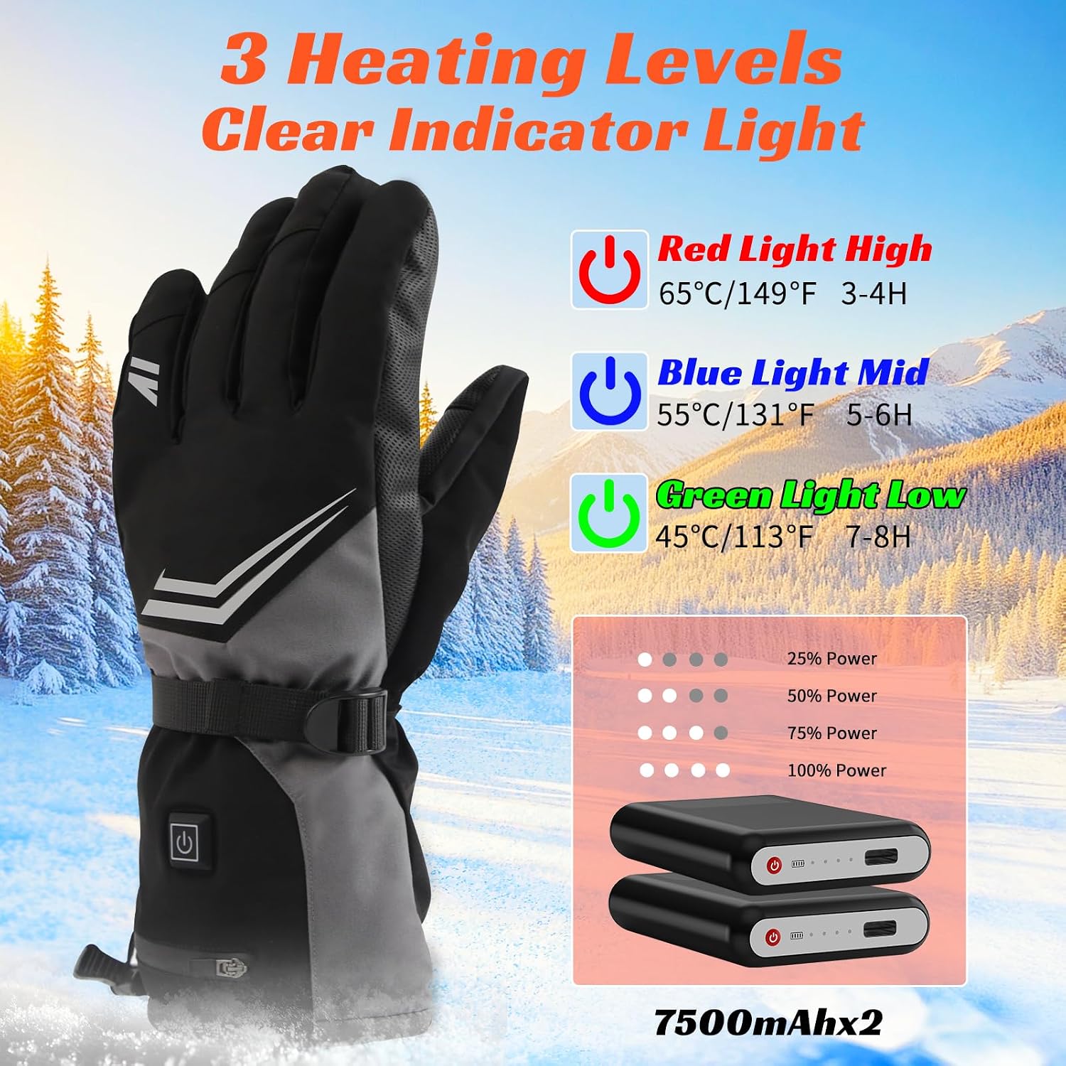 Heated Gloves, 7500mAh Rechargeable Heated Gloves for Men Women, 3 Heating Modes, Portable Touchscreen Thermal Glove Hand Warmers for Outdoor Work, Motorbike Cycling, Camping Hiking, XL