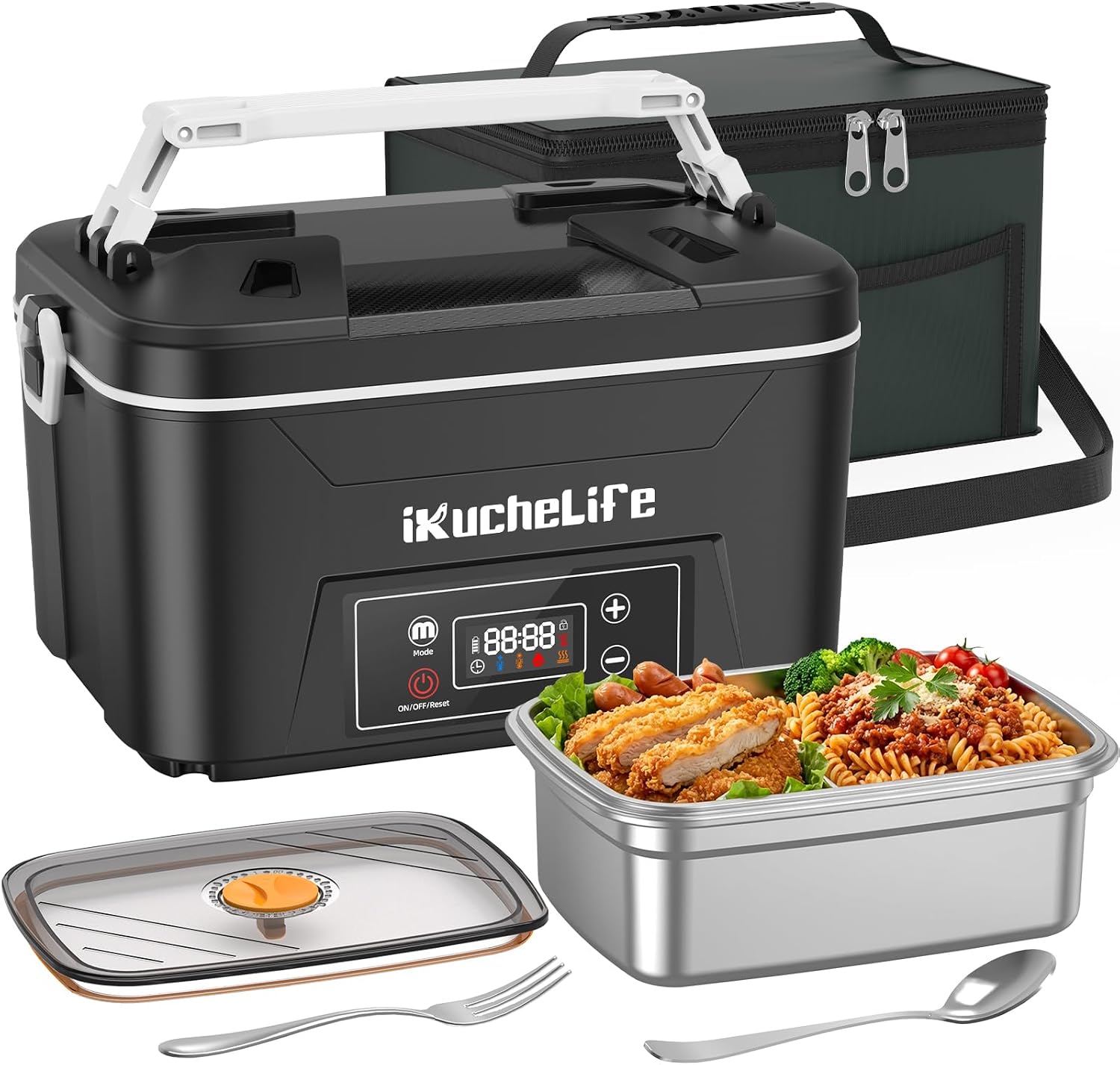 Lonchera térmica inalámbrica de 24000 mAh con pantalla digital, color negro | Heated lunch box with 24000mAh cordless battery, 1.2L capacity, digital display & scheduled heating for work travel camping