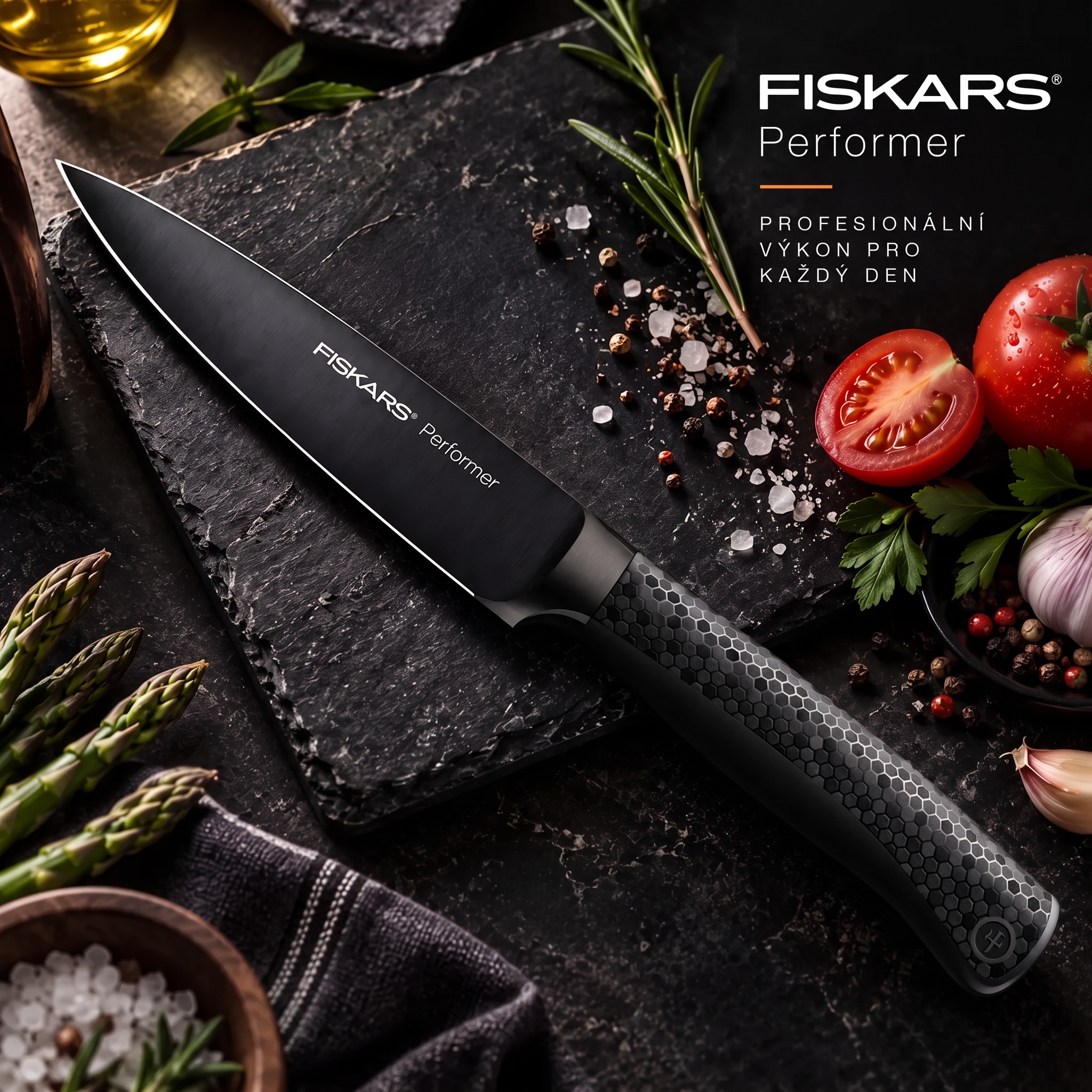 Sada kuchyňských nožů FISKARS® Performer s diamantovým povrchem | Prémiová 5dílná sada v elegantní dárkové krabičce