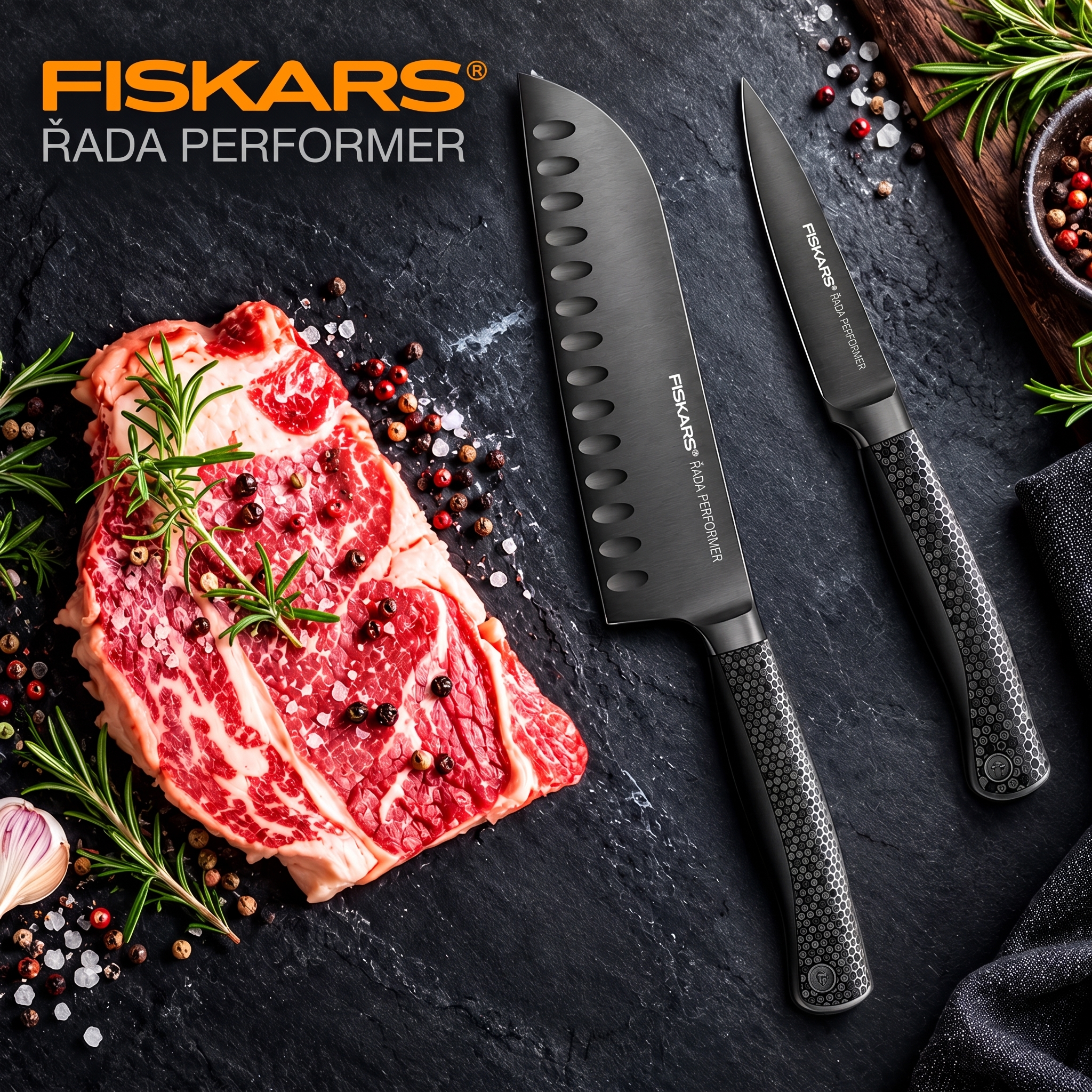 Sada kuchyňských nožů FISKARS® Performer s diamantovým povrchem | Prémiová 5dílná sada v elegantní dárkové krabičce