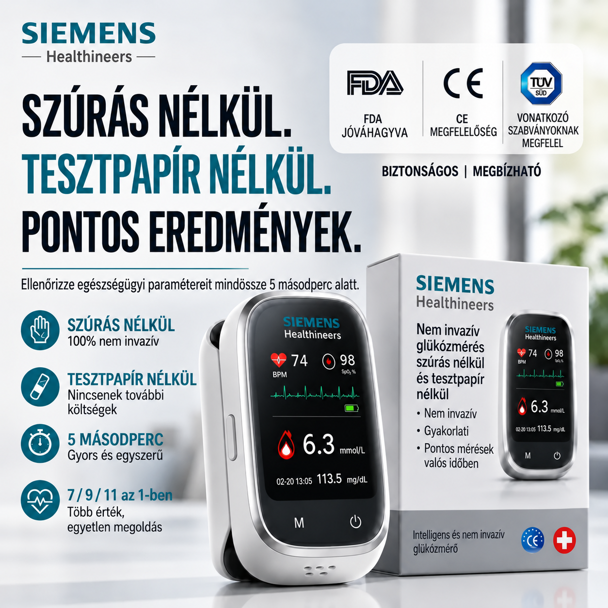 A legújabb, 11 az 1-ben tű nélküli vércukormérő – nincs szükség ujjbegyszúrásra.
