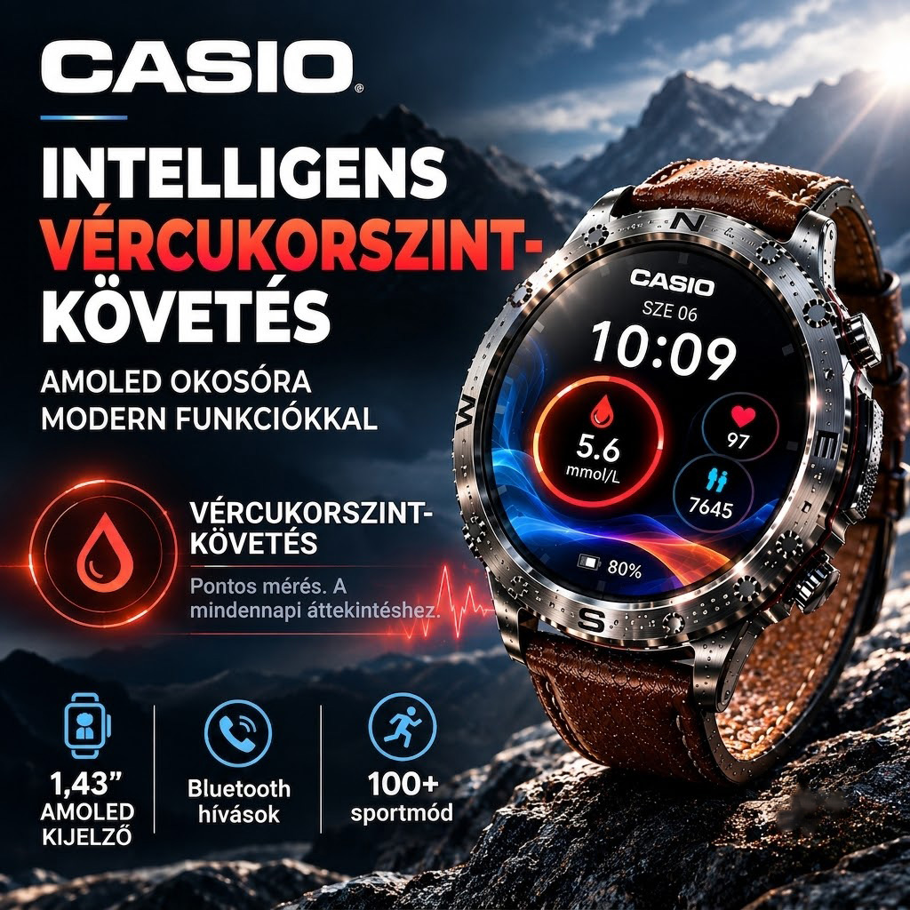 Casio stílusú AMOLED okosóra – támogatja a vércukorszint-mérést, a Bluetooth-hívásokat és több mint 100 sportüzemmódot.