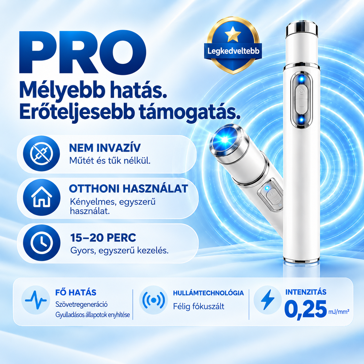 ⚡ A fejlett lökéshullám-technológia támogatja a férfi vitalitást 💪 és segít enyhíteni az izmok, ízületek és inak feszültségét.