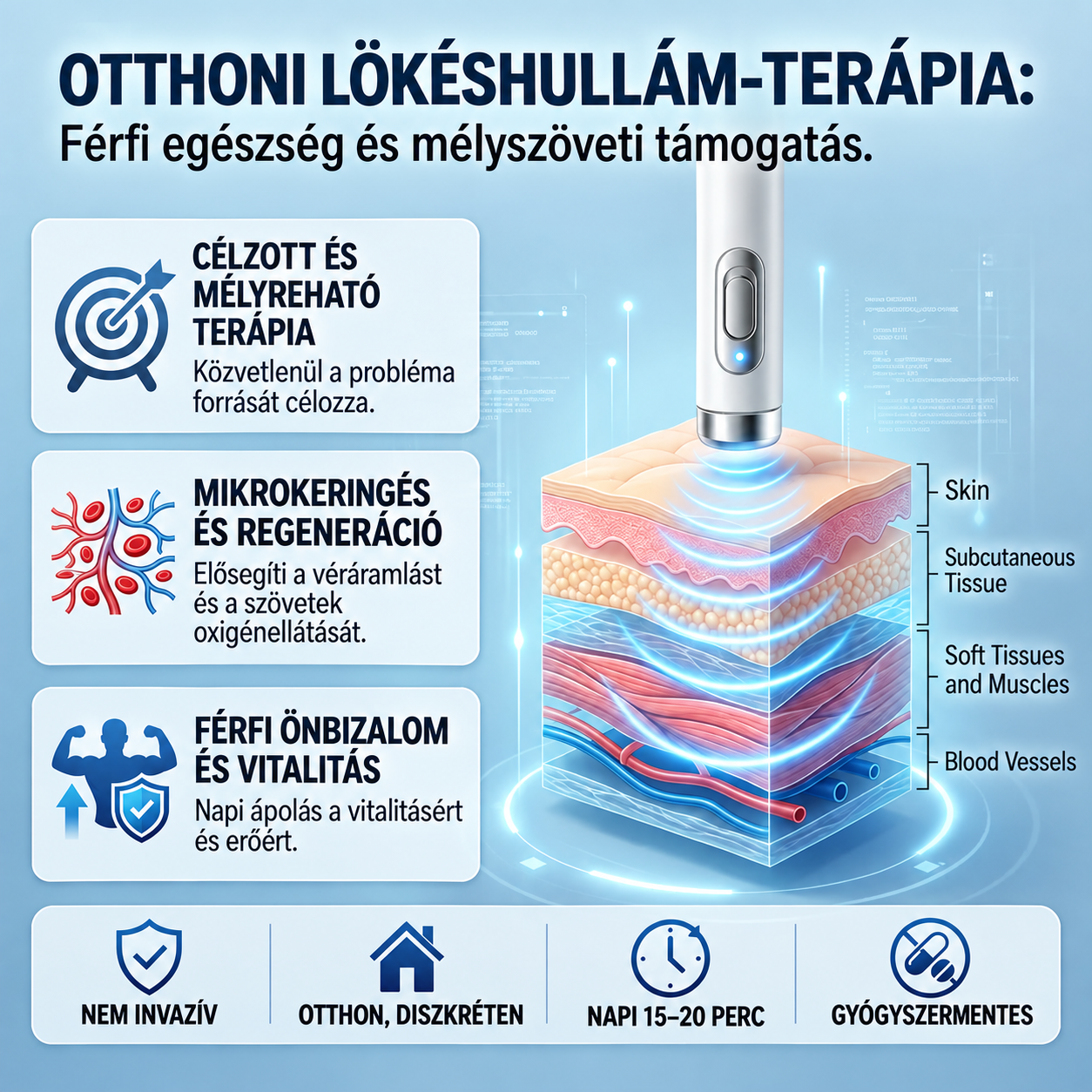 ⚡ A fejlett lökéshullám-technológia támogatja a férfi vitalitást 💪 és segít enyhíteni az izmok, ízületek és inak feszültségét.