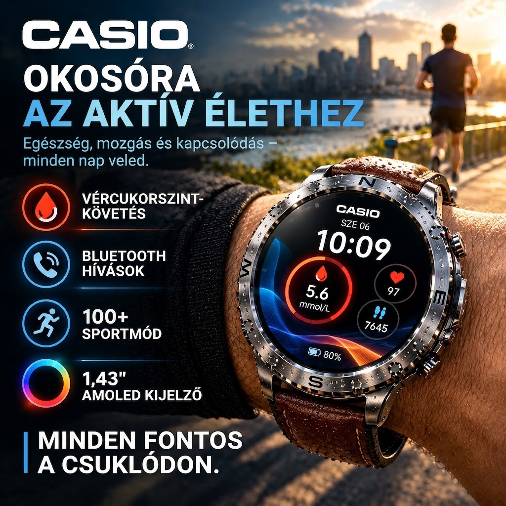 Casio stílusú AMOLED okosóra – támogatja a vércukorszint-mérést, a Bluetooth-hívásokat és több mint 100 sportüzemmódot.